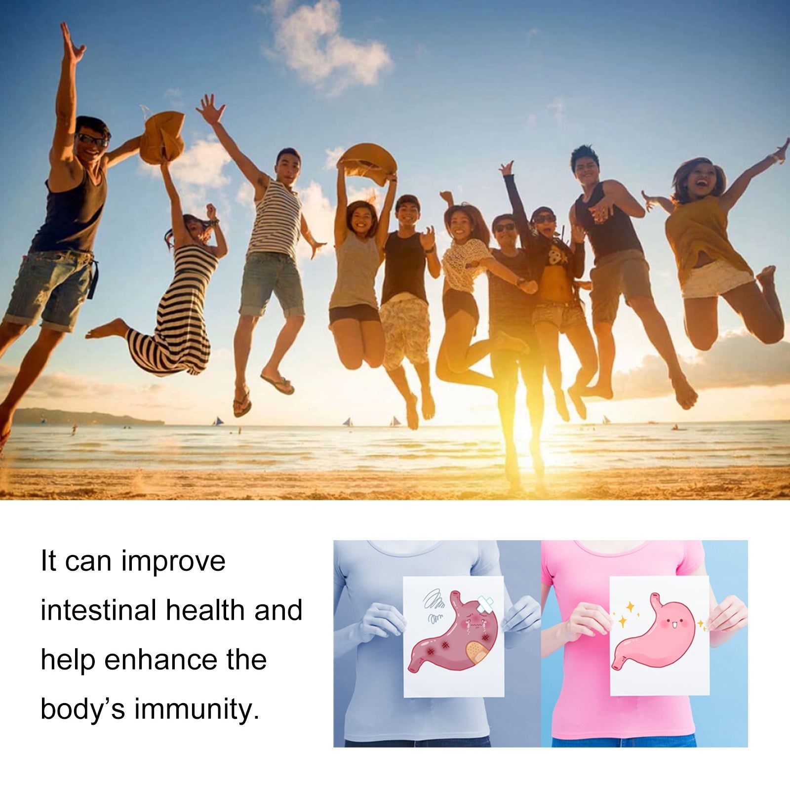 Group of diverse people jumping on beach at sunset in celebration