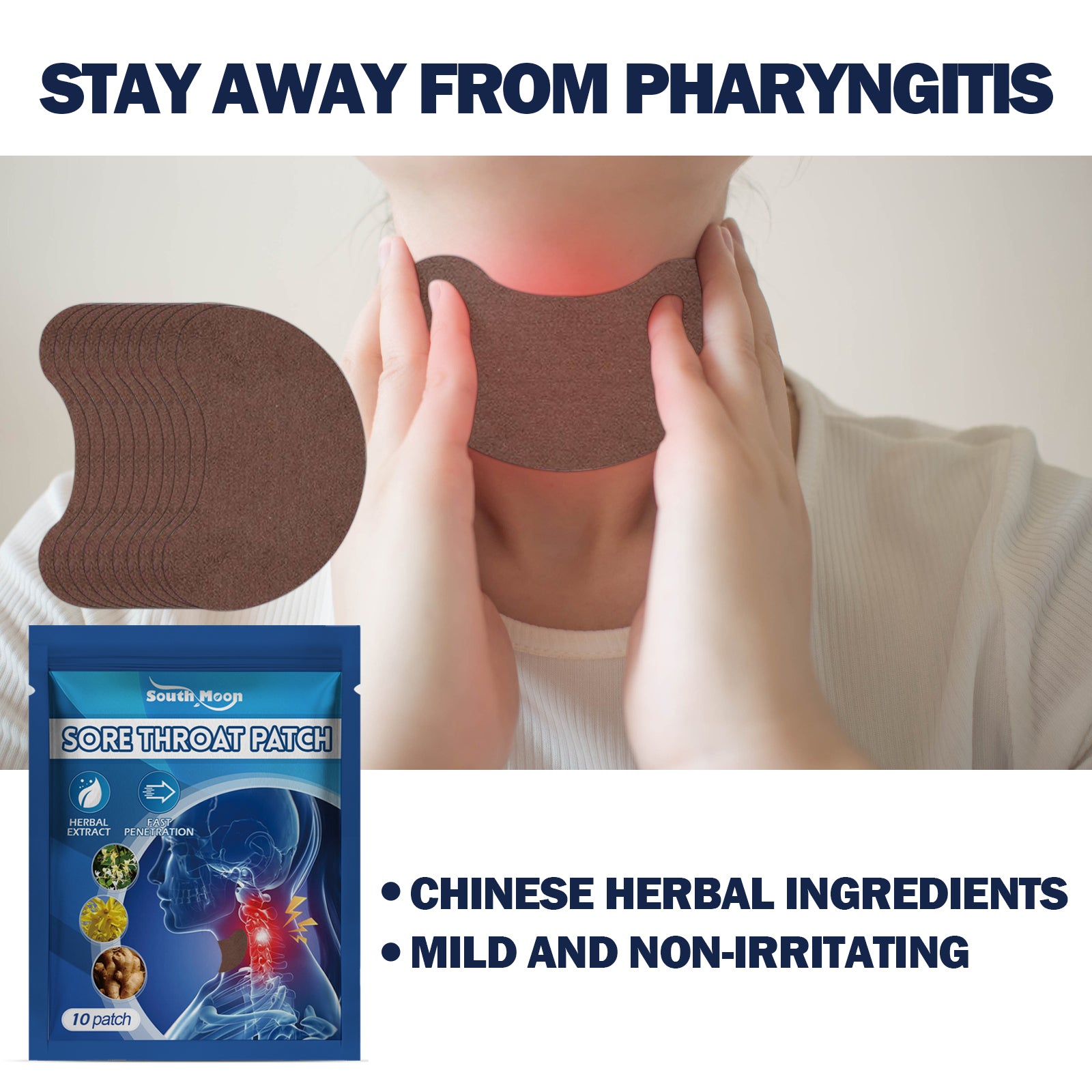 Close-up of woman applying patch to throat with both hands, package visible in corner, benefits listed: Chinese herbal ingredients, mild and non-irritating