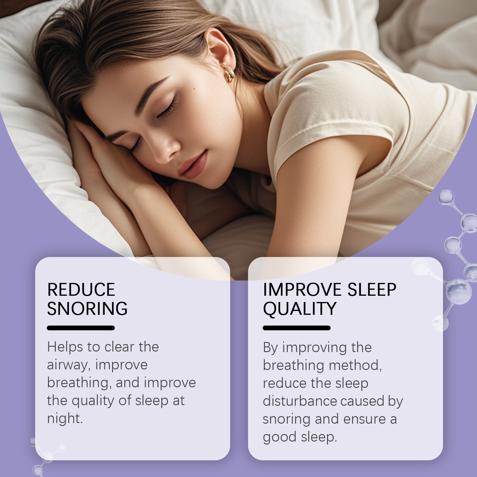 Woman peacefully sleeping on white pillow with mouth tape applied, purple gradient background with product pouch shown