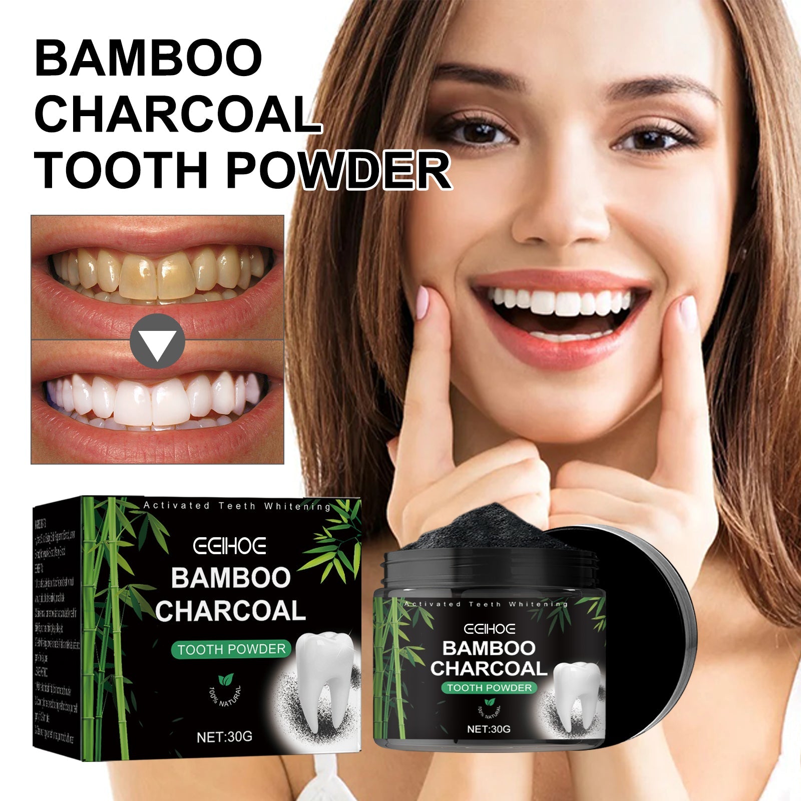 Bright white smile close-up with tooth whitening animation showing blue cleaning arrows around tooth model