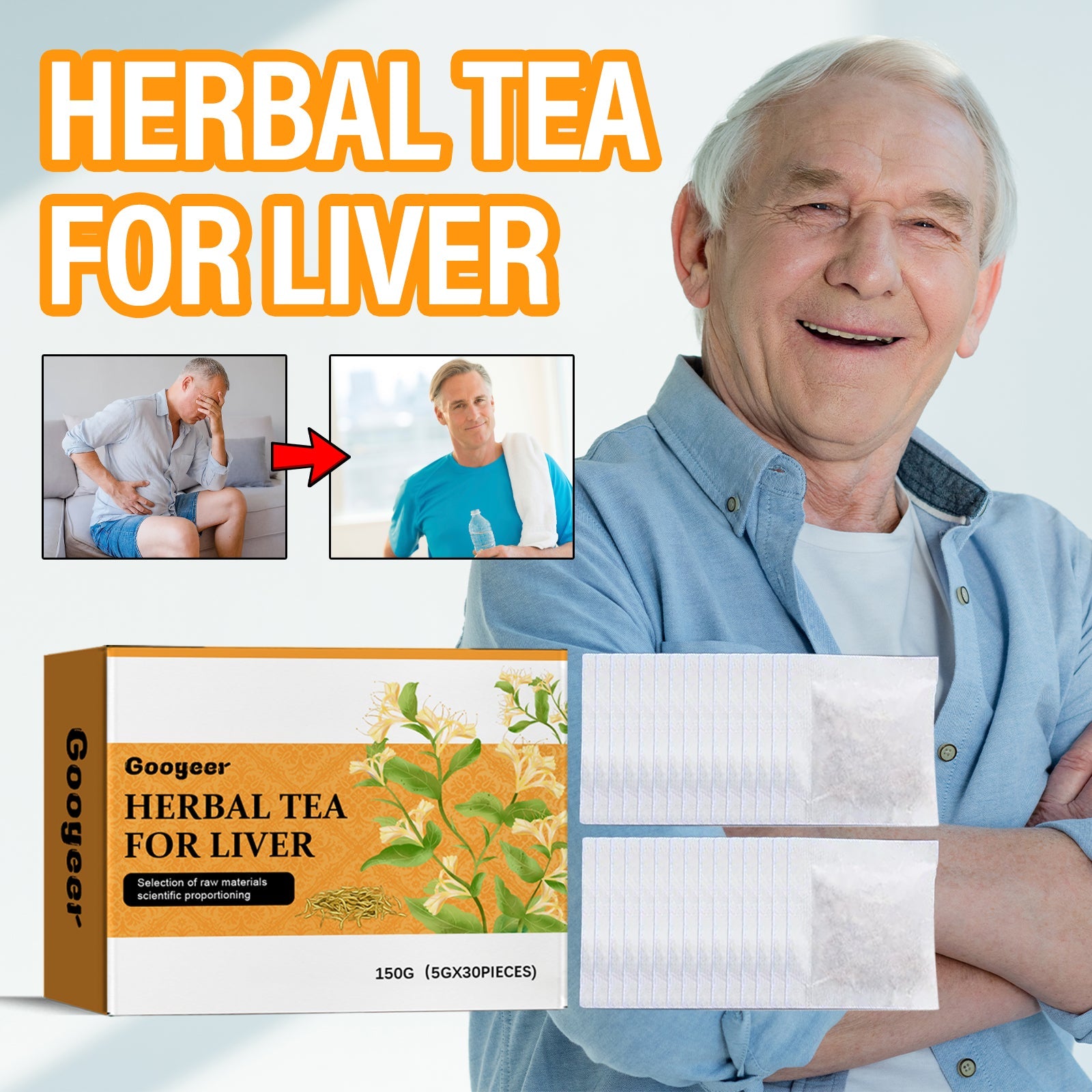 Lifestyle testimonial showing middle-aged man progressing from liver discomfort to healthy vitality