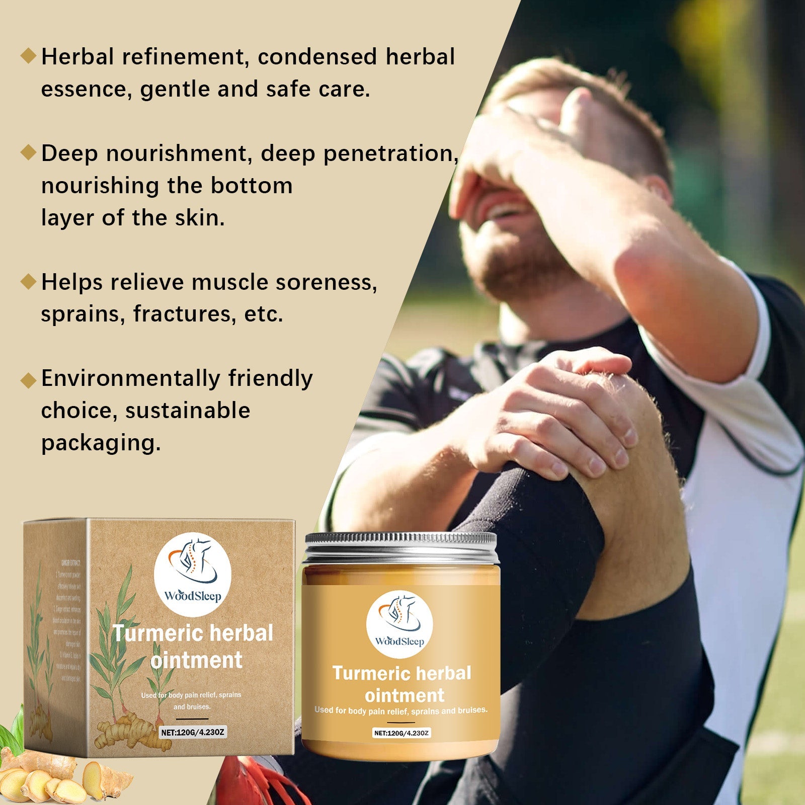 Marketing composition showing packaging alongside key benefit claims: herbal refinement, deep nourishment, muscle relief, and eco-friendly attributes with lifestyle imagery