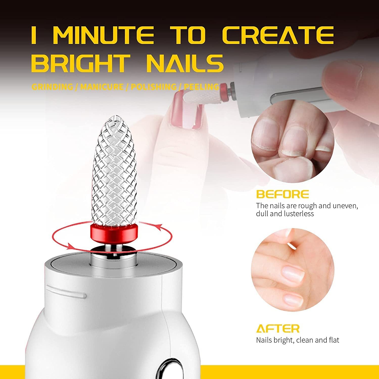 Close-up of LED spotlight feature being used on nail with inset detail showing blue light indicator