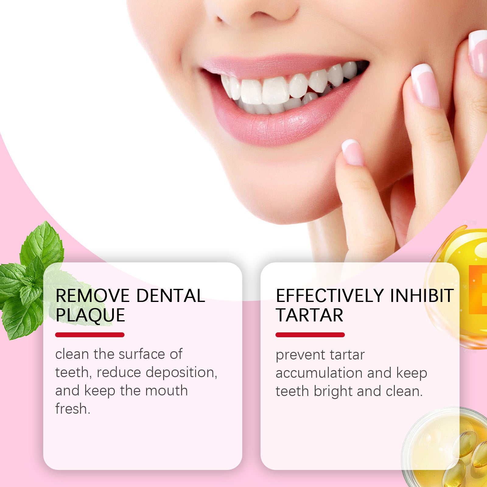 Product tube displayed with spearmint leaves and golden ingredient oil droplets on pink textured background