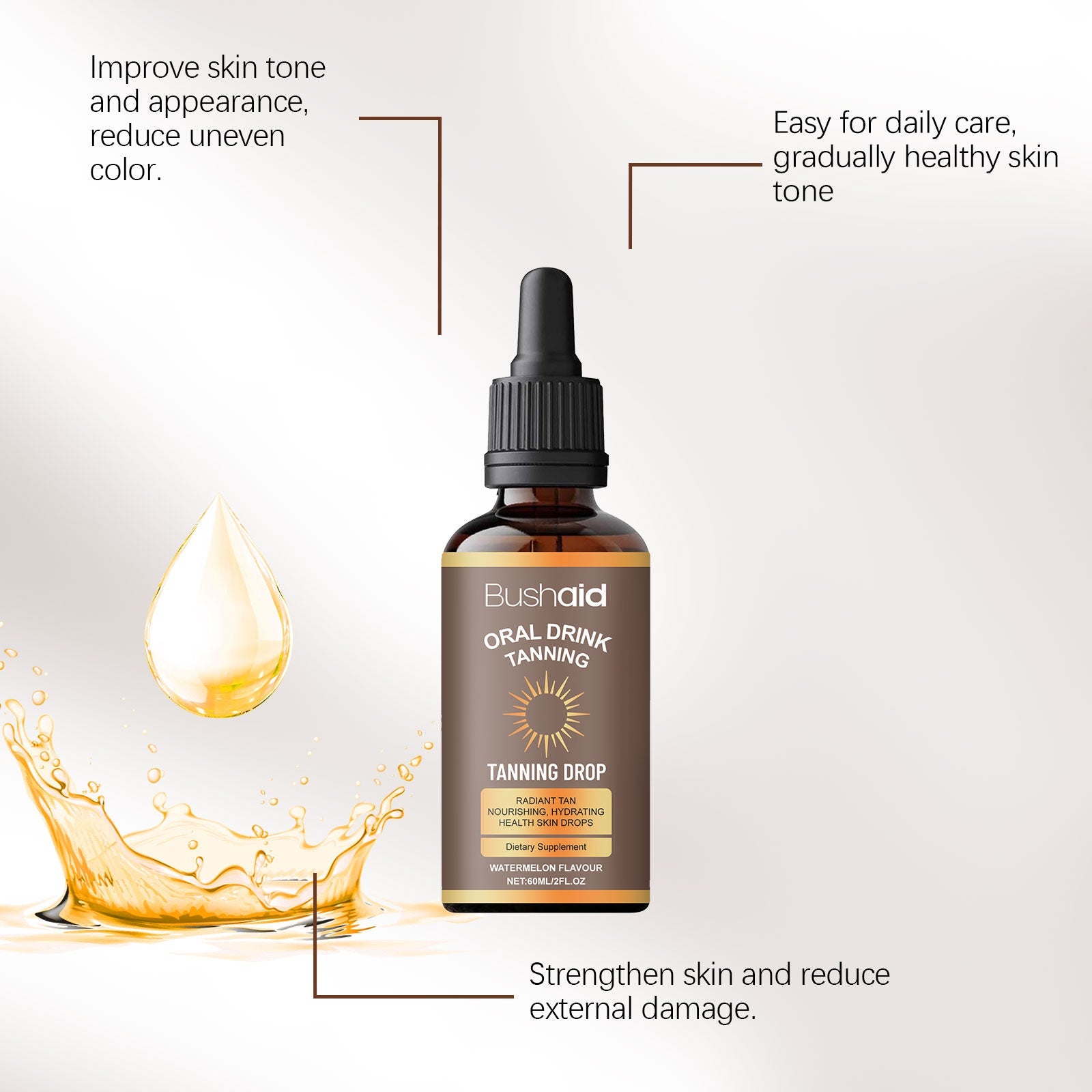 Central product shot with infographic claims: improve skin tone, easy daily care, strengthen skin, reduce external damage