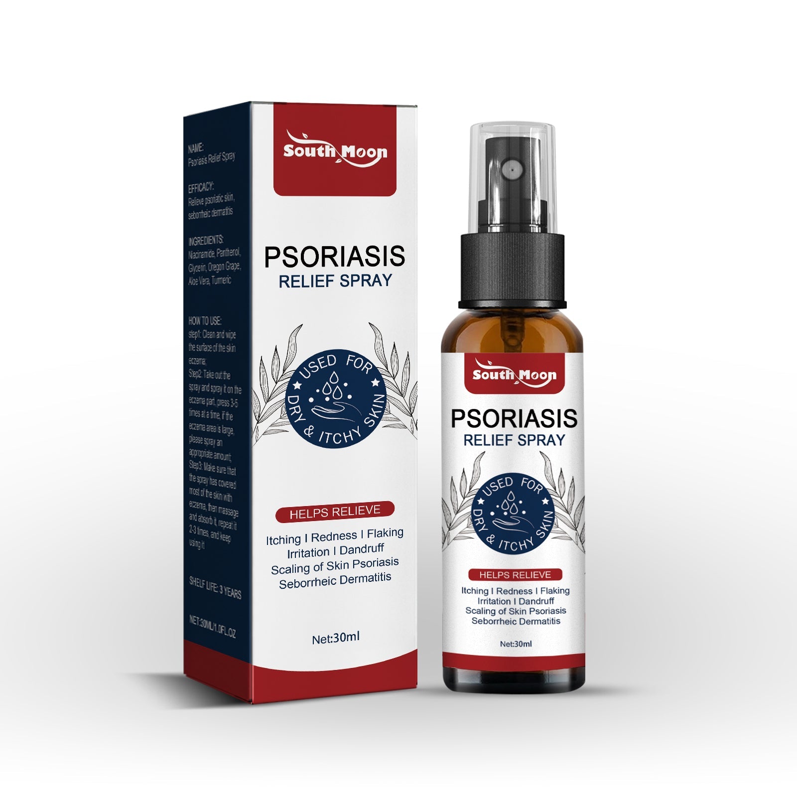 Product shot of full 30ml spray bottle with white label and amber glass beside white cardboard box with red and navy branding