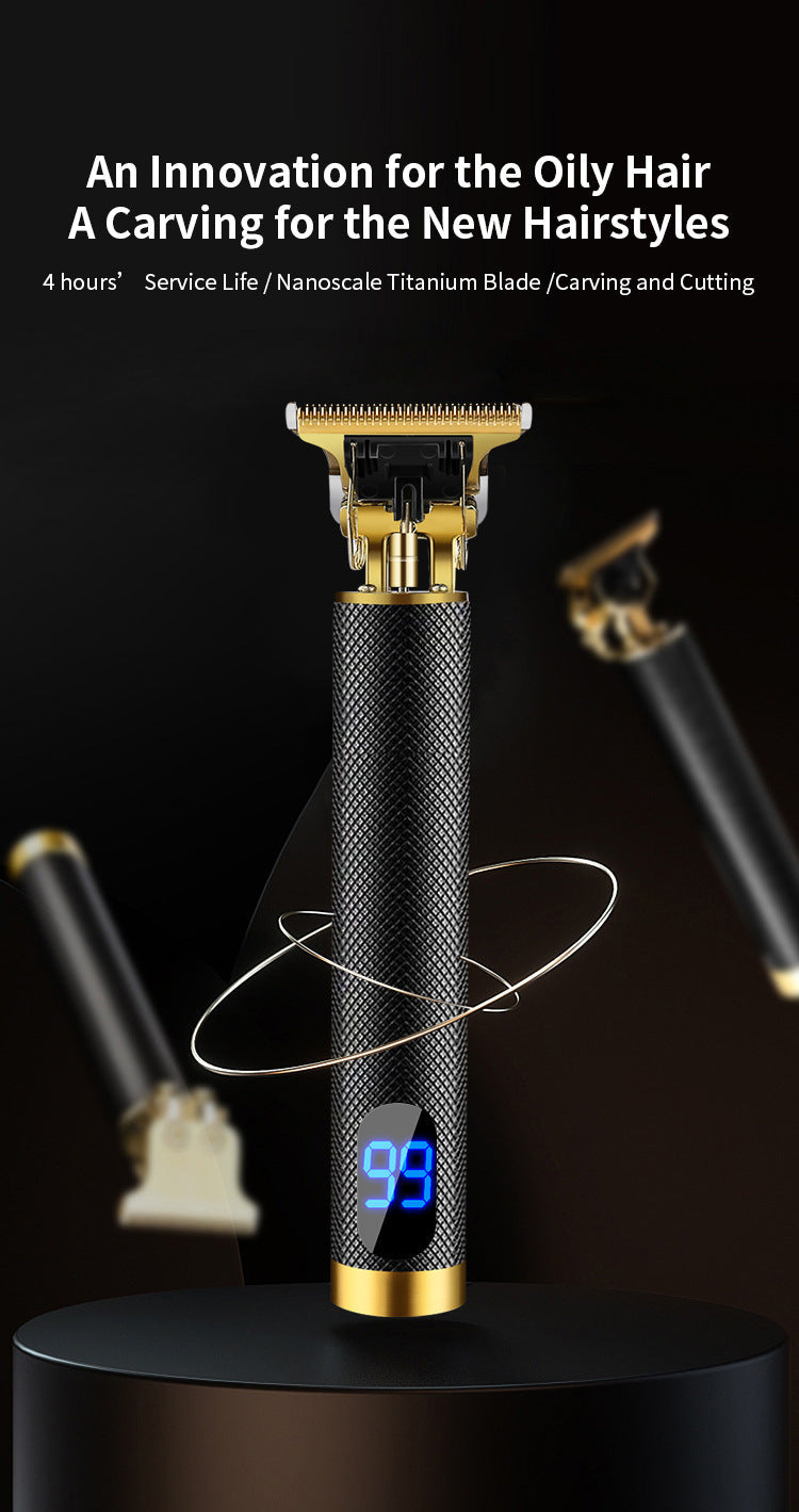Complete product kit laid out showing main clipper unit, four interchangeable guard sizes, cleaning brush, USB cable, and 'sending with box' notice
