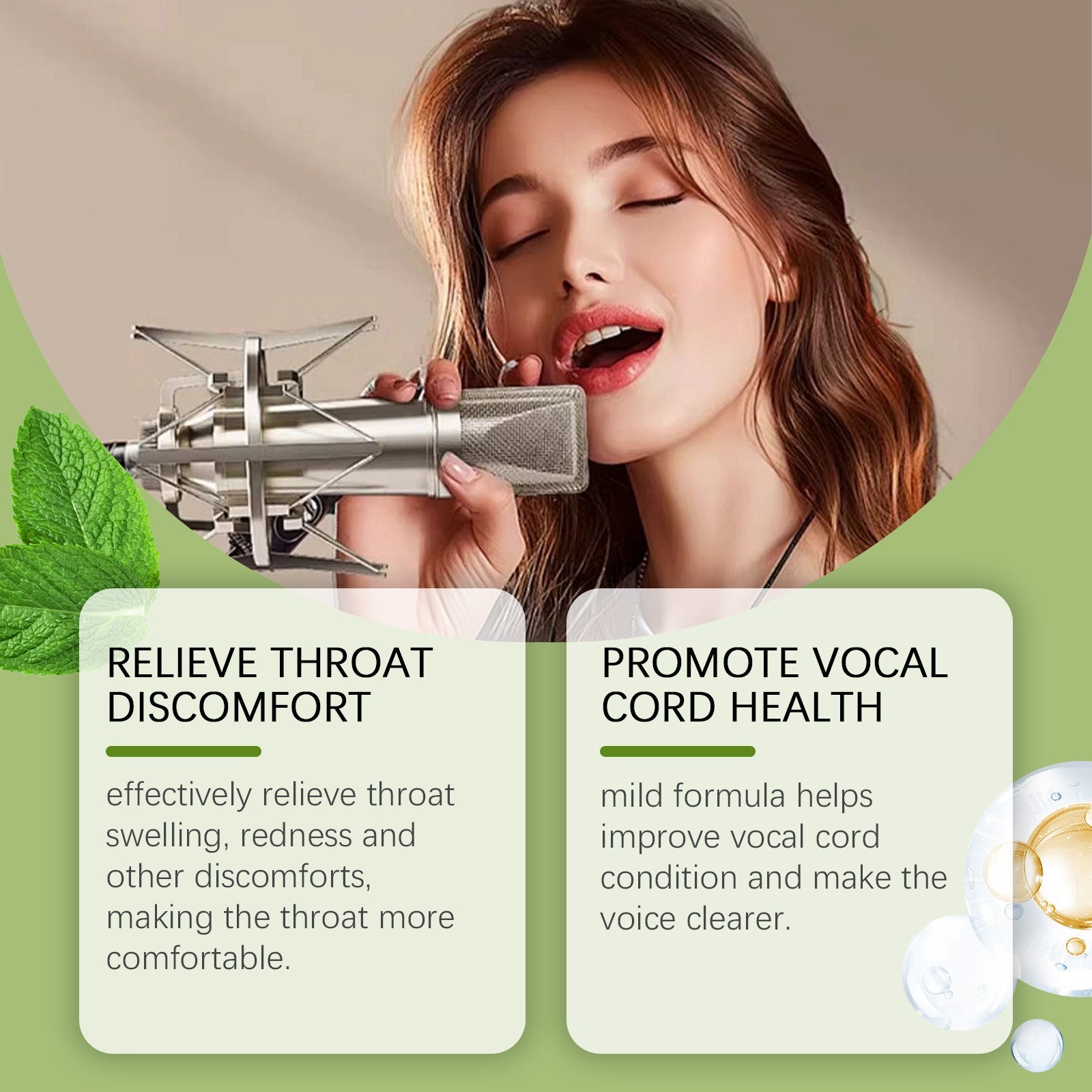 Young couple singing together into microphones indoors with bright smile, with text 'Reduce Throat Inflammation' below