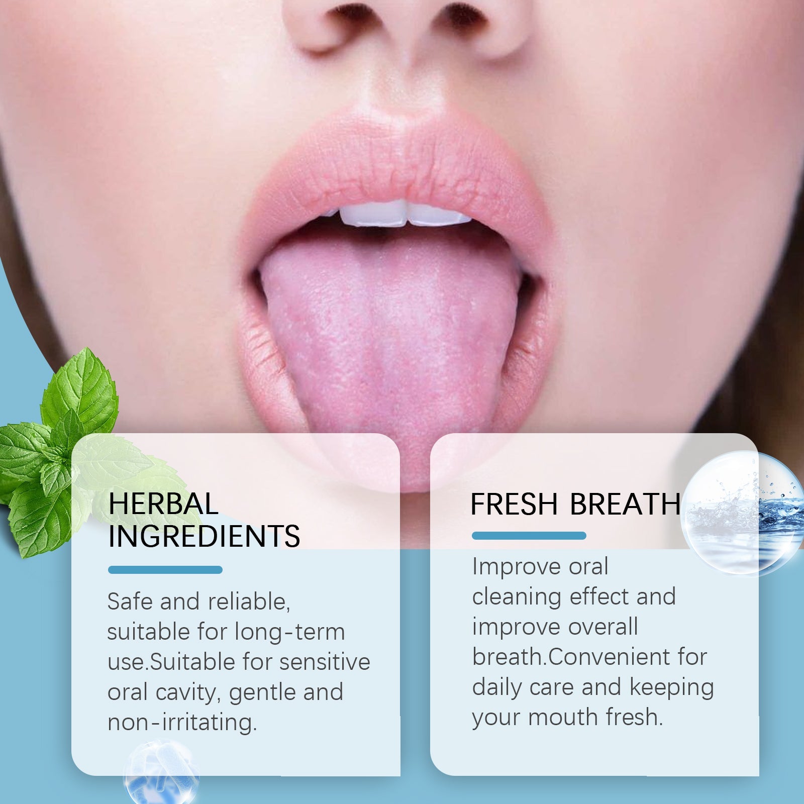 Detailed close-up of tongue with blue silicone brush applicator demonstrating scraping action and enhanced hygiene claim