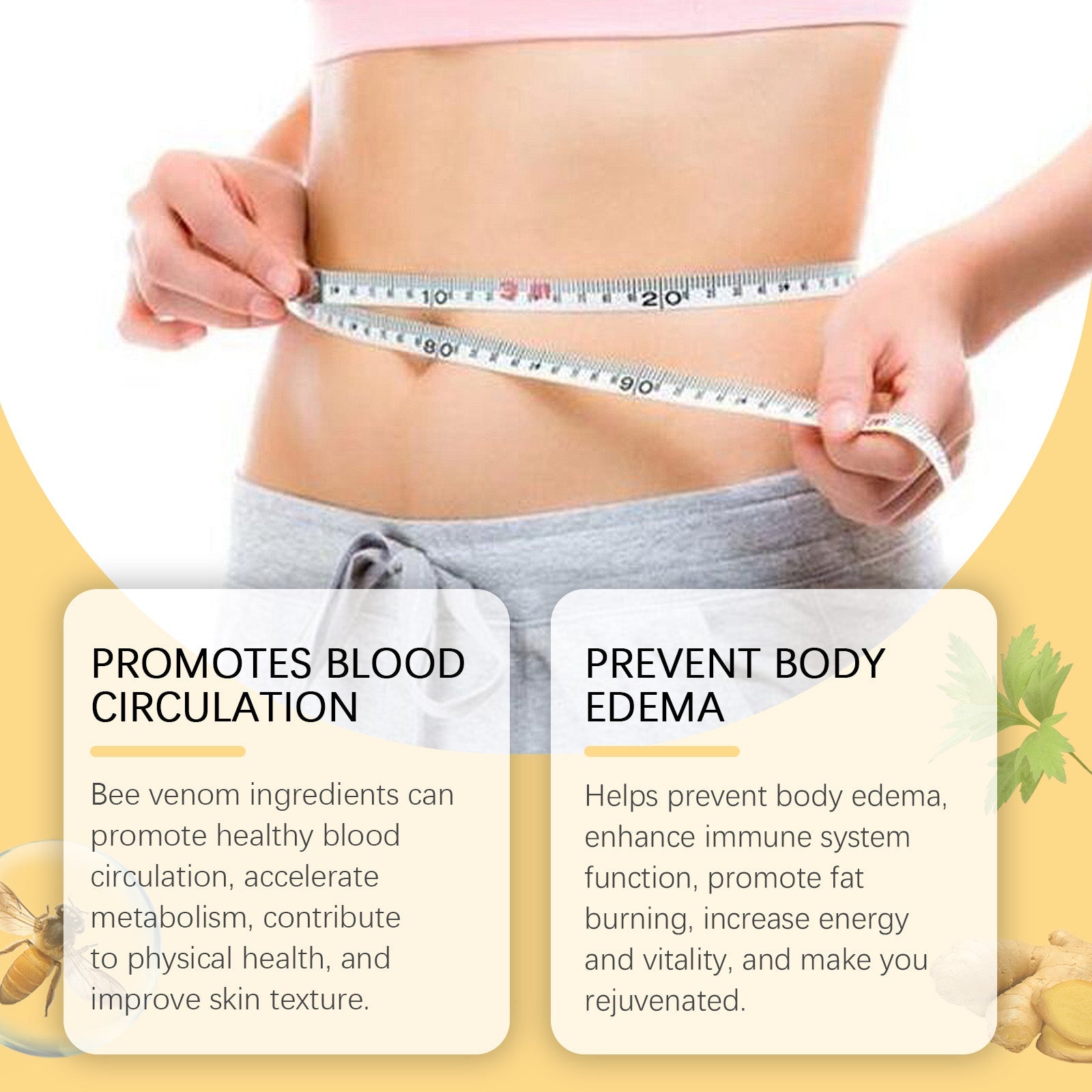 Close-up of woman's torso with measurement tape around midsection, flanked by benefit cards describing blood circulation promotion and edema prevention
