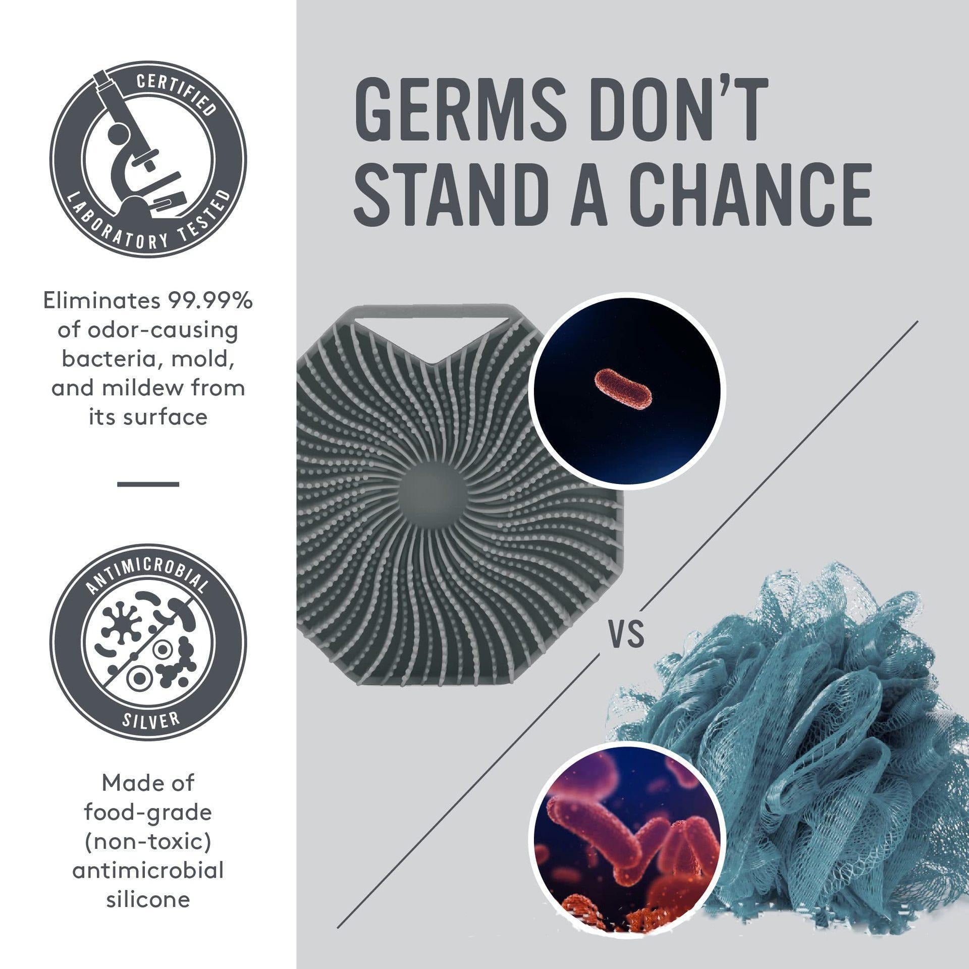 Antimicrobial comparison showing laboratory-tested certification badge, microscopic bacterial imagery, and side-by-side contamination comparison versus traditional scrubbers