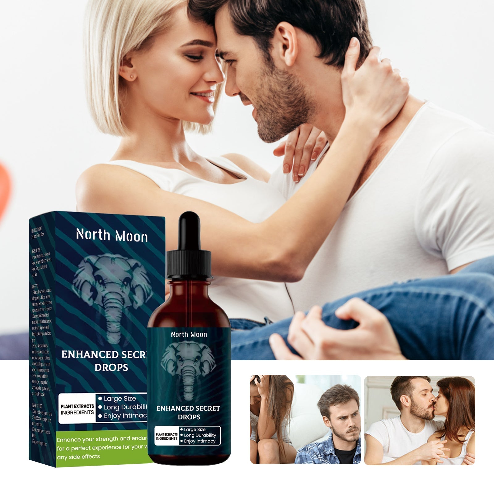 Intimate lifestyle scene with couple embracing, showing product positioned in foreground with additional couple imagery at bottom