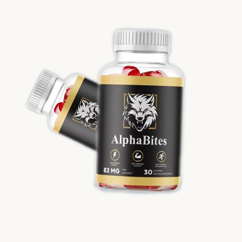 Two AlphaBites bottles showing open cap detail and gummies visibility from different angles