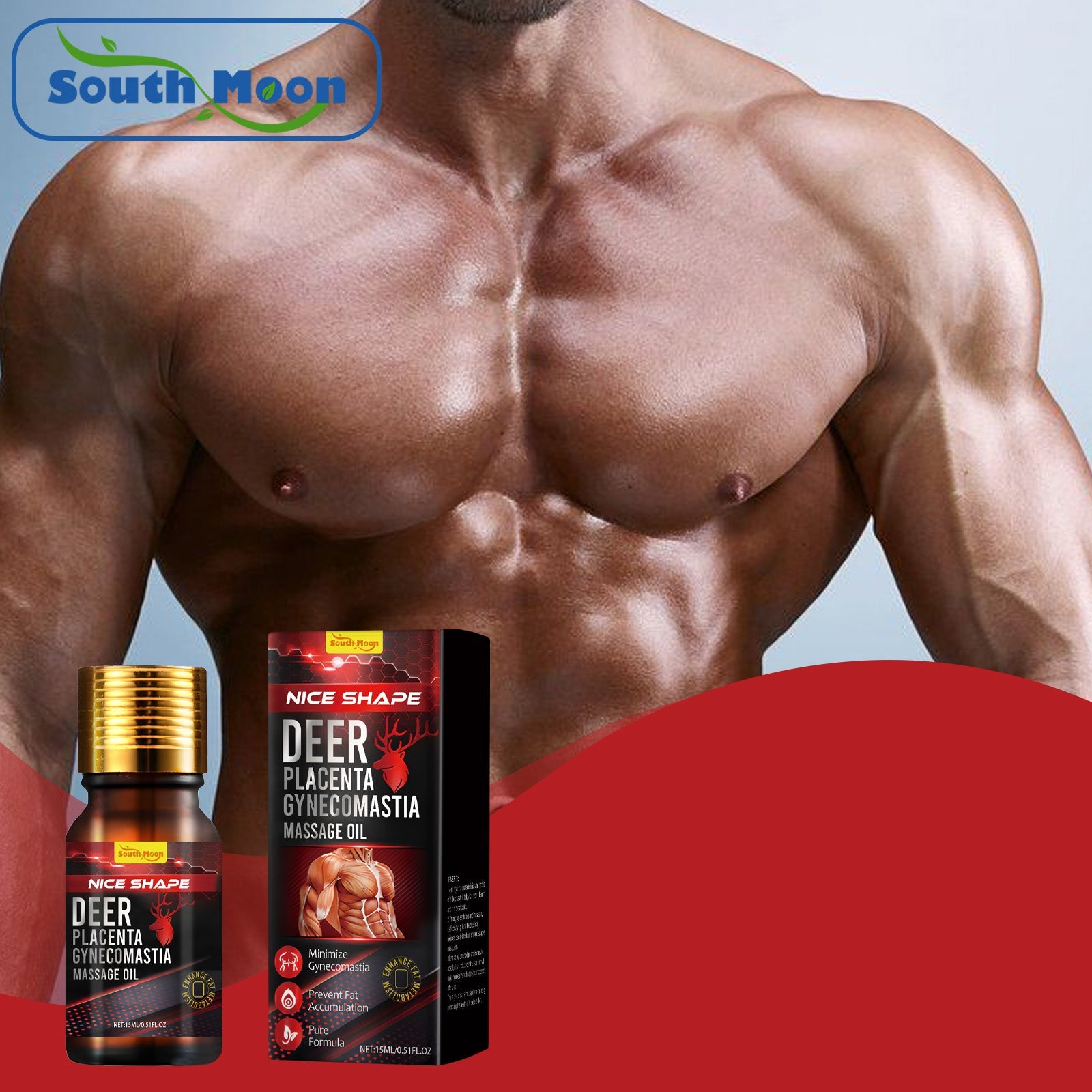 Shirtless muscular man displaying extremely defined, sculpted chest with product and box displayed in lower left corner