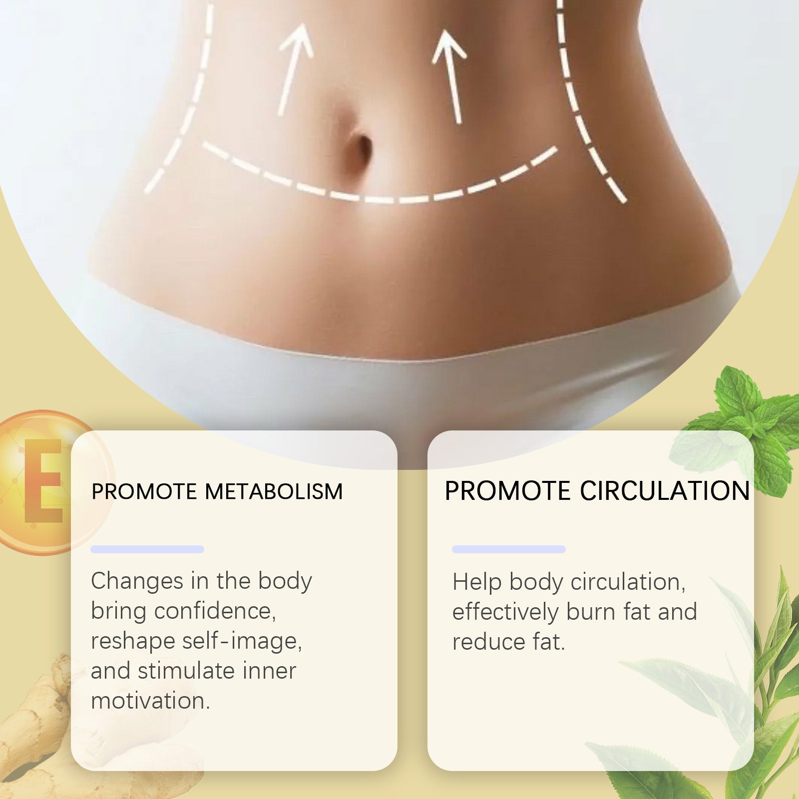 Close-up of female torso with measurement lines and text boxes highlighting metabolism promotion and circulation benefits