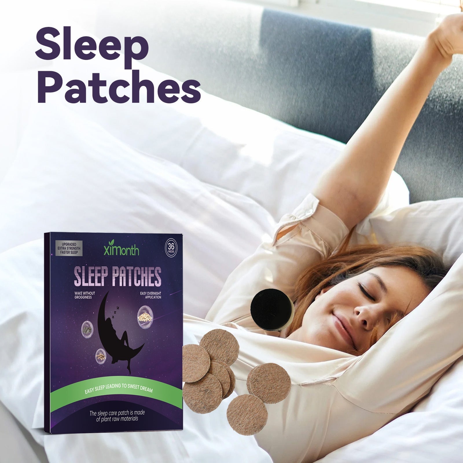 Ximonth Sleep Patches product box with dark purple starry background, lime green banner, moon silhouette illustration, and 30-piece count badge
