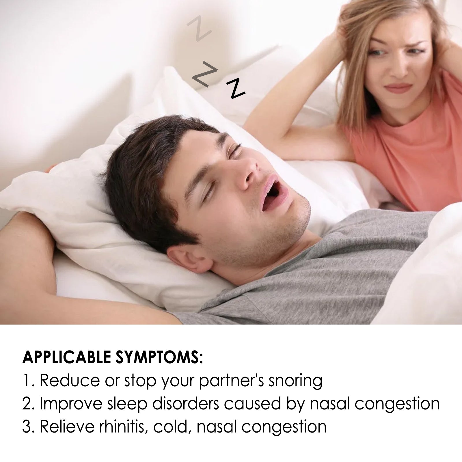 Man snoring in bed with frustrated female partner awake beside him; text lists applicable symptoms including stopping partner's snoring and improving sleep disorders