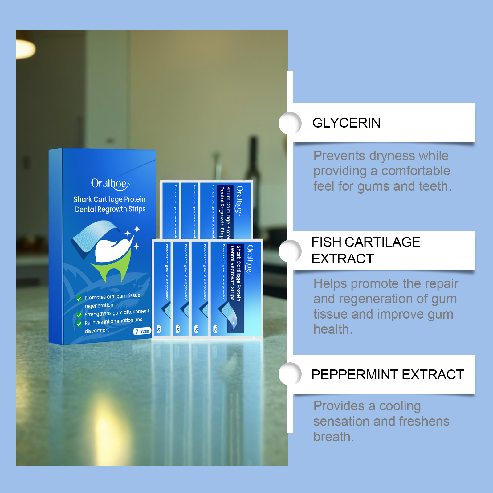 Product in home setting with three key ingredients labeled with descriptions