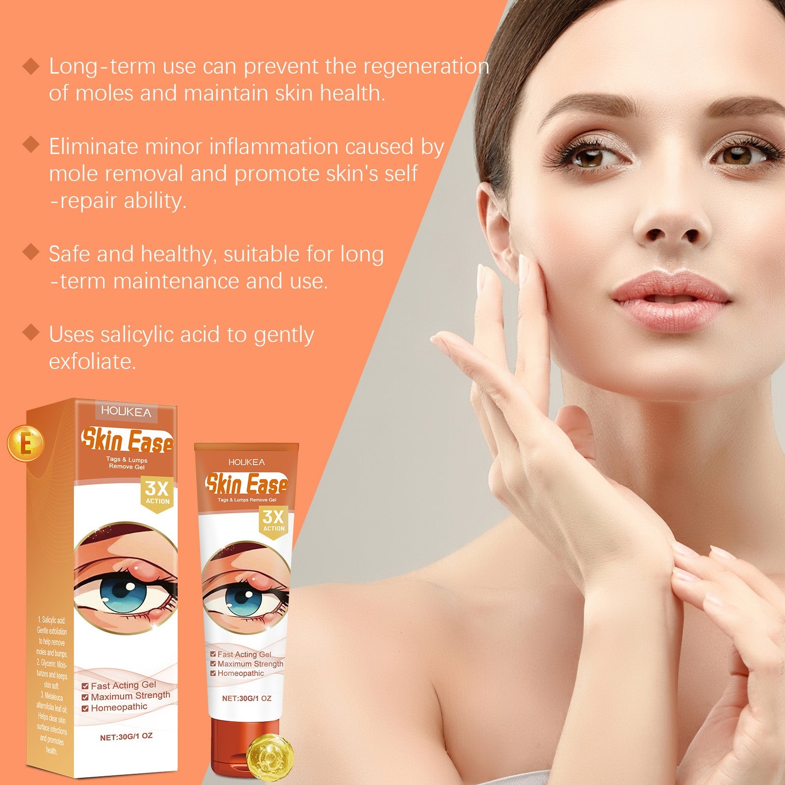 Product benefits text on orange background with woman's clear, healthy complexion touching cheek