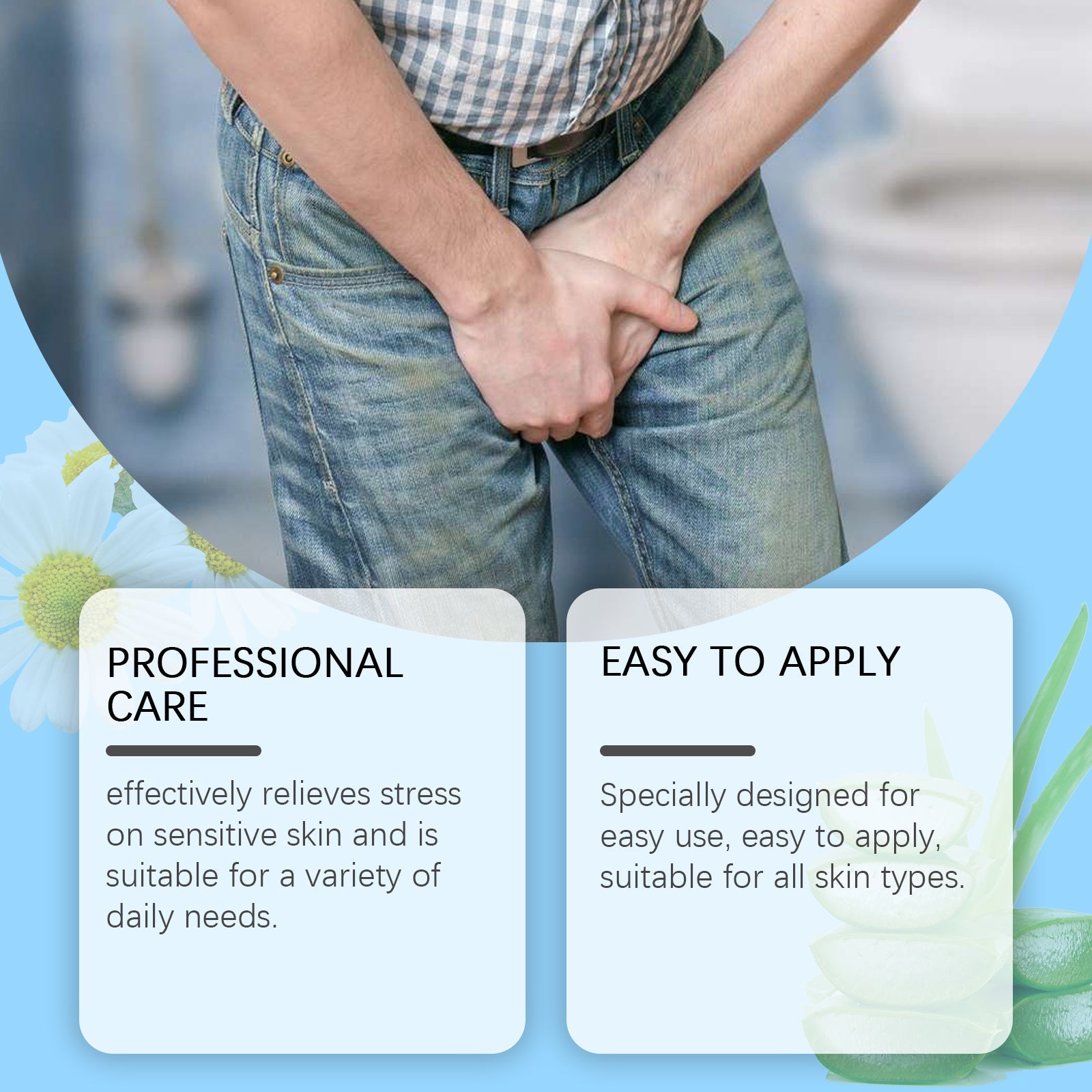 Two benefit cards highlighting 'Professional Care' and 'Easy to Apply' with daisy flowers and soothed male figure
