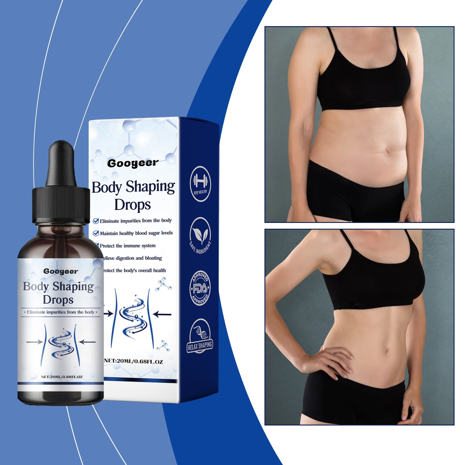 Female body in black bikini with water splash graphics and text callouts for 'Fast Absorption' and 'Convenient to Use'