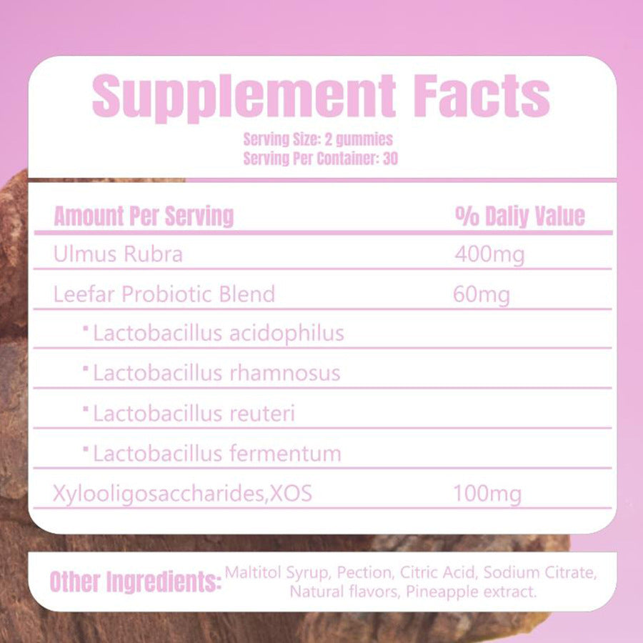 Supplement Facts label showing serving size, Leefar Probiotic Blend dosages, Ulmus Rubra, XOS, and other ingredients