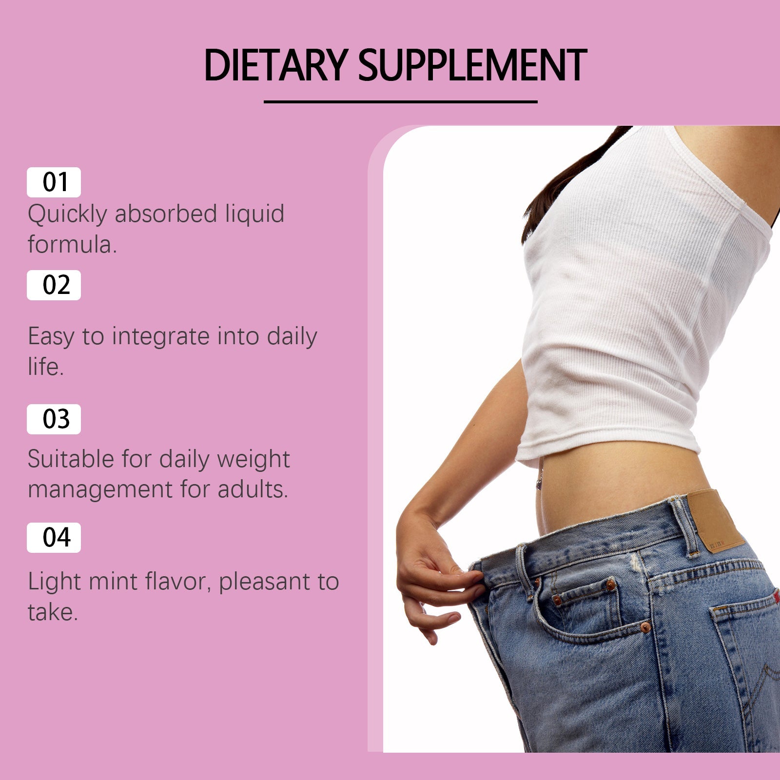Four key benefits listed on magenta background: quickly absorbed liquid formula, easy daily integration, suitable for adults, light mint flavor