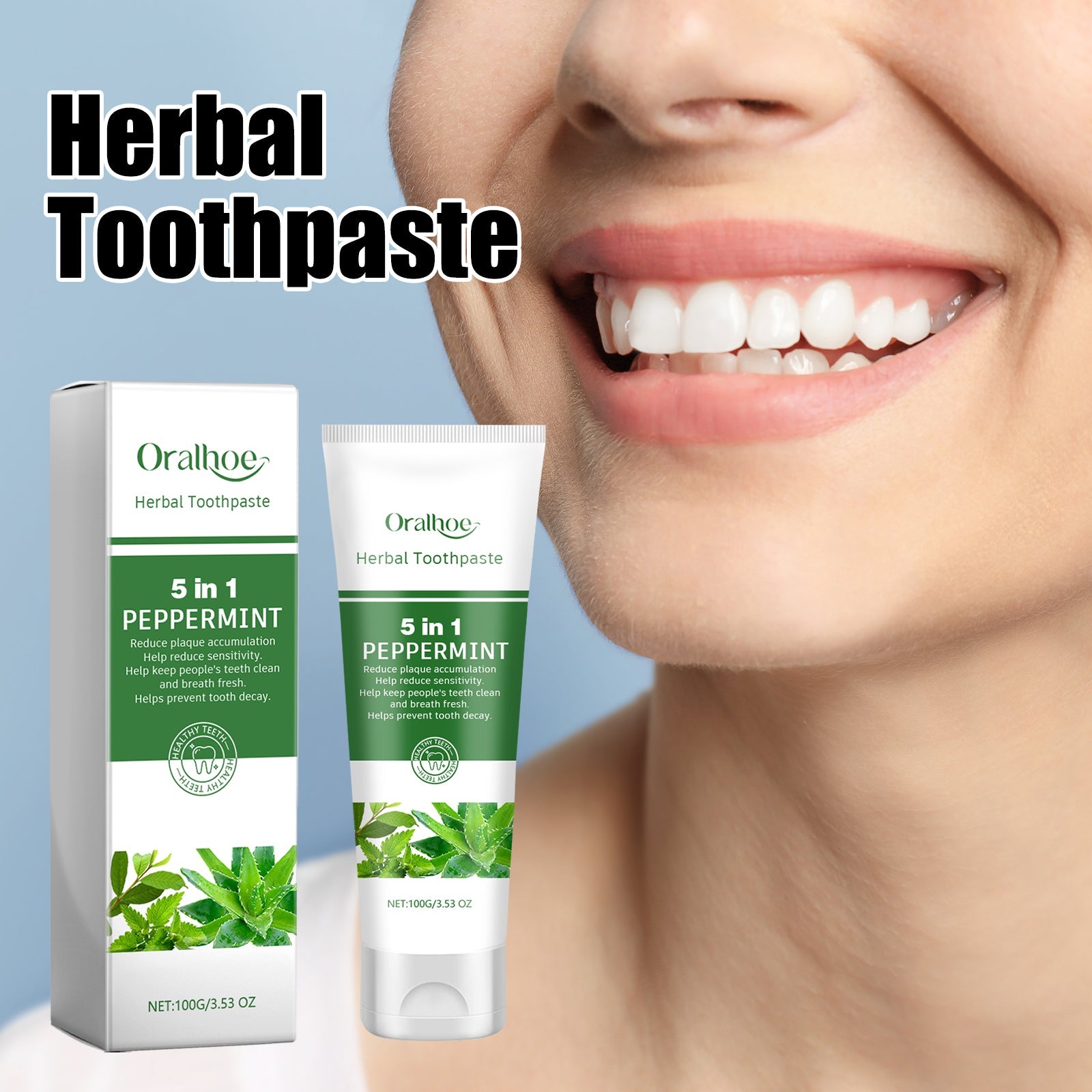 Product packaging shot showing Oralhoe Herbal Toothpaste 5 in 1 Peppermint in both box and tube against white background