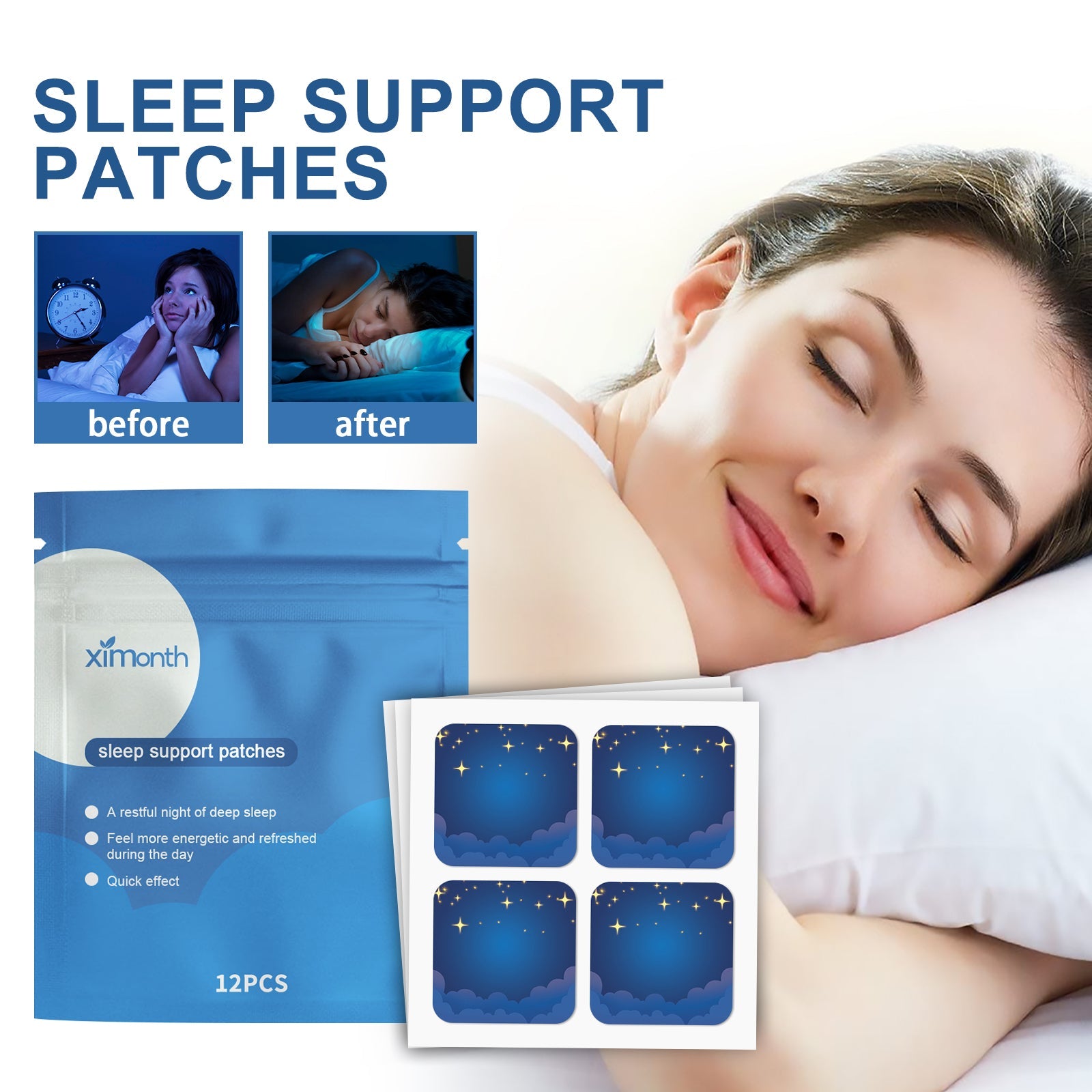 Lifestyle image of woman sleeping peacefully with product packaging and patches visible; overlay text highlighting benefits including pure plant formula, easy to use, increased deep sleep, improved sleep cycle, and assisted sleep