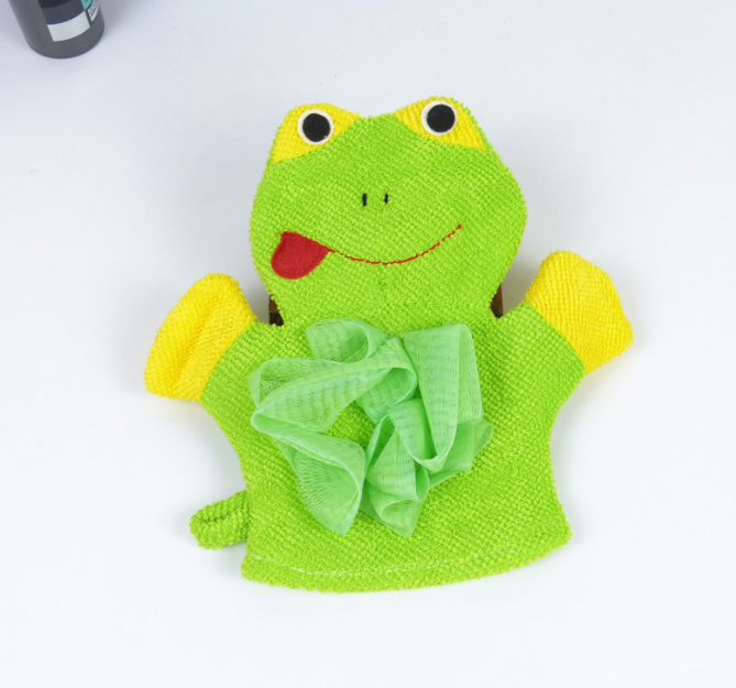 Green frog animal bath mitt glove with yellow accents and green loofah puff