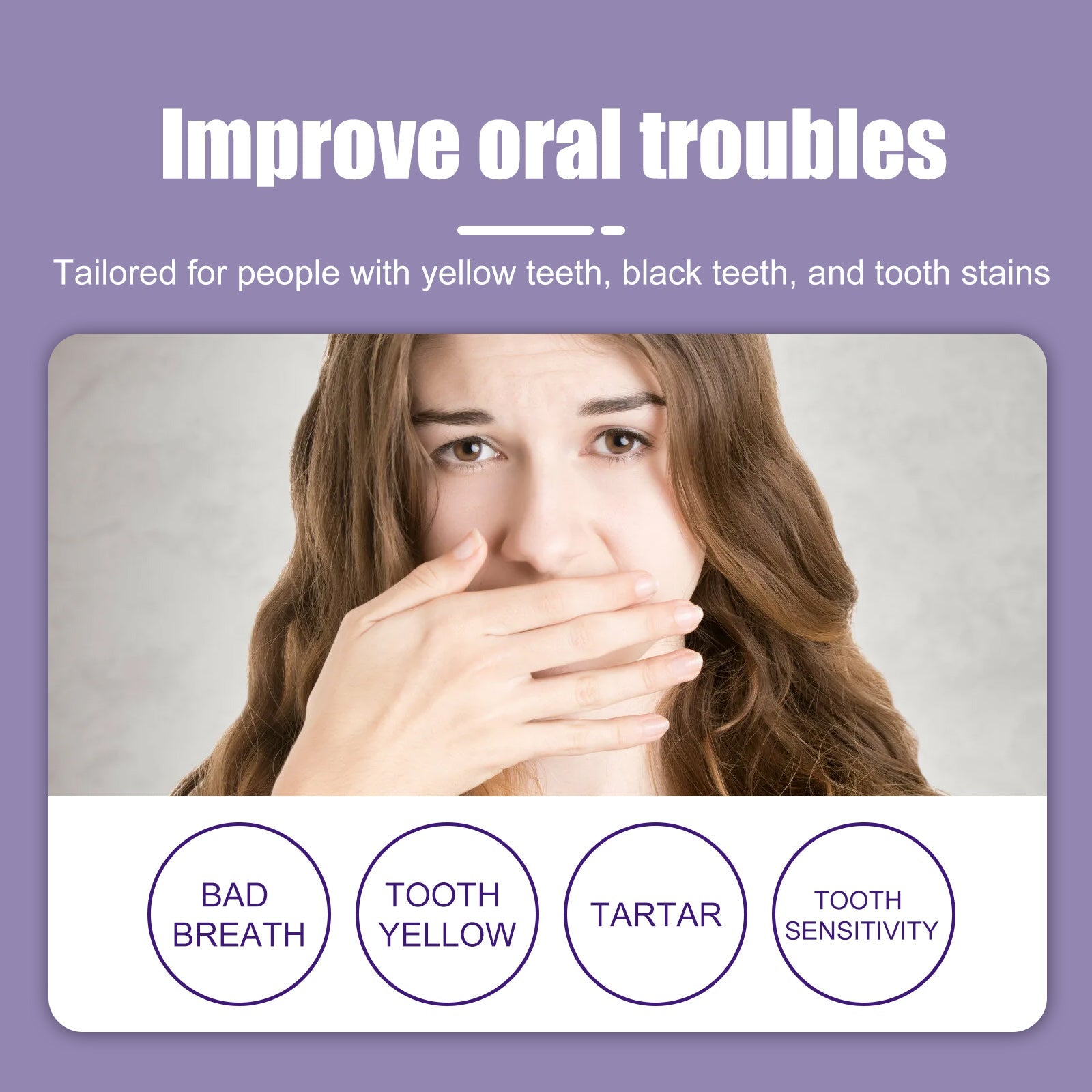 Split-screen before/after comparison showing yellow-toned teeth transformed to bright white teeth, plus lifestyle shot of woman with radiant white smile