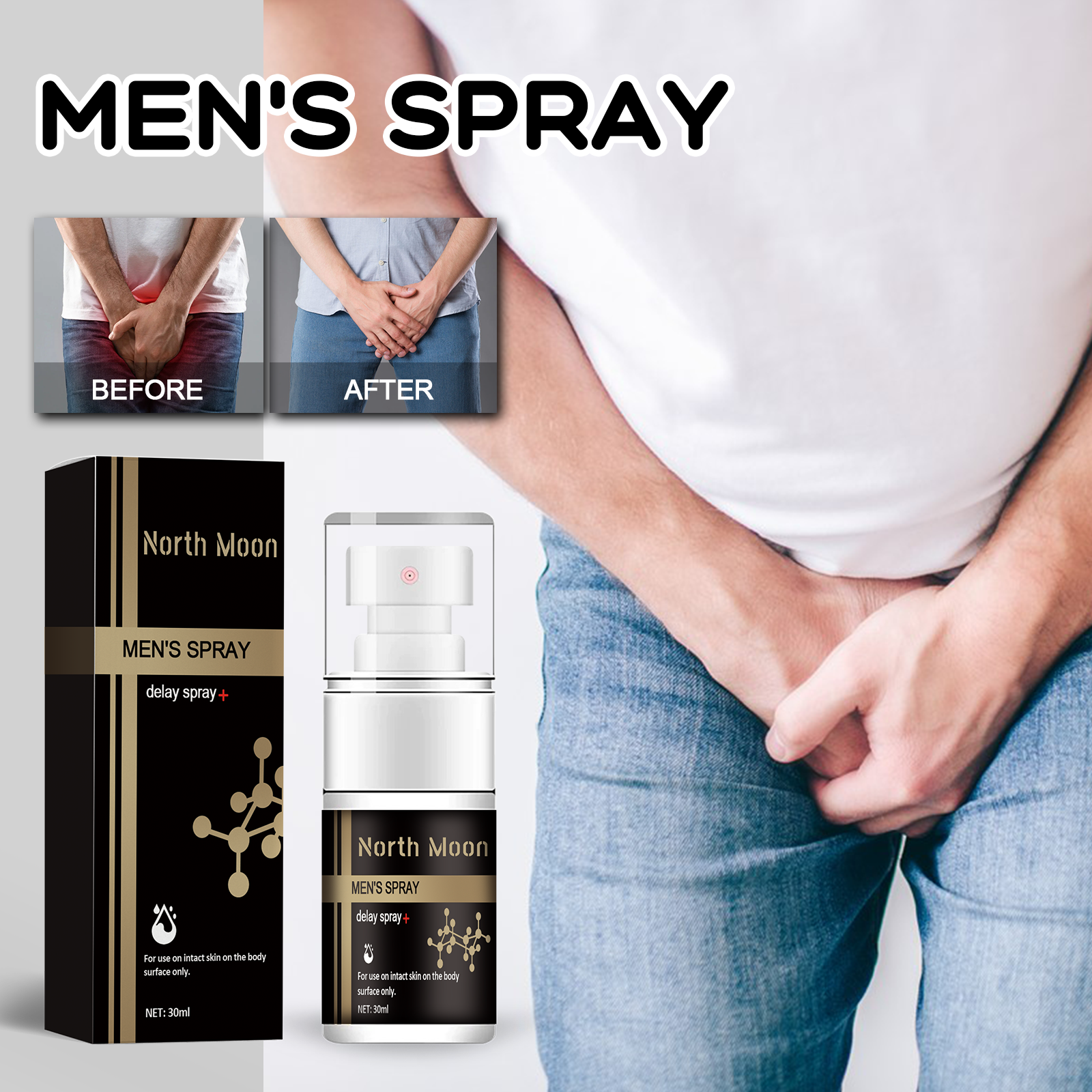Intimate couple imagery demonstrating prostate pain relief benefits with warming gel effect; includes medical benefits text about prostatitis and enlarged prostate