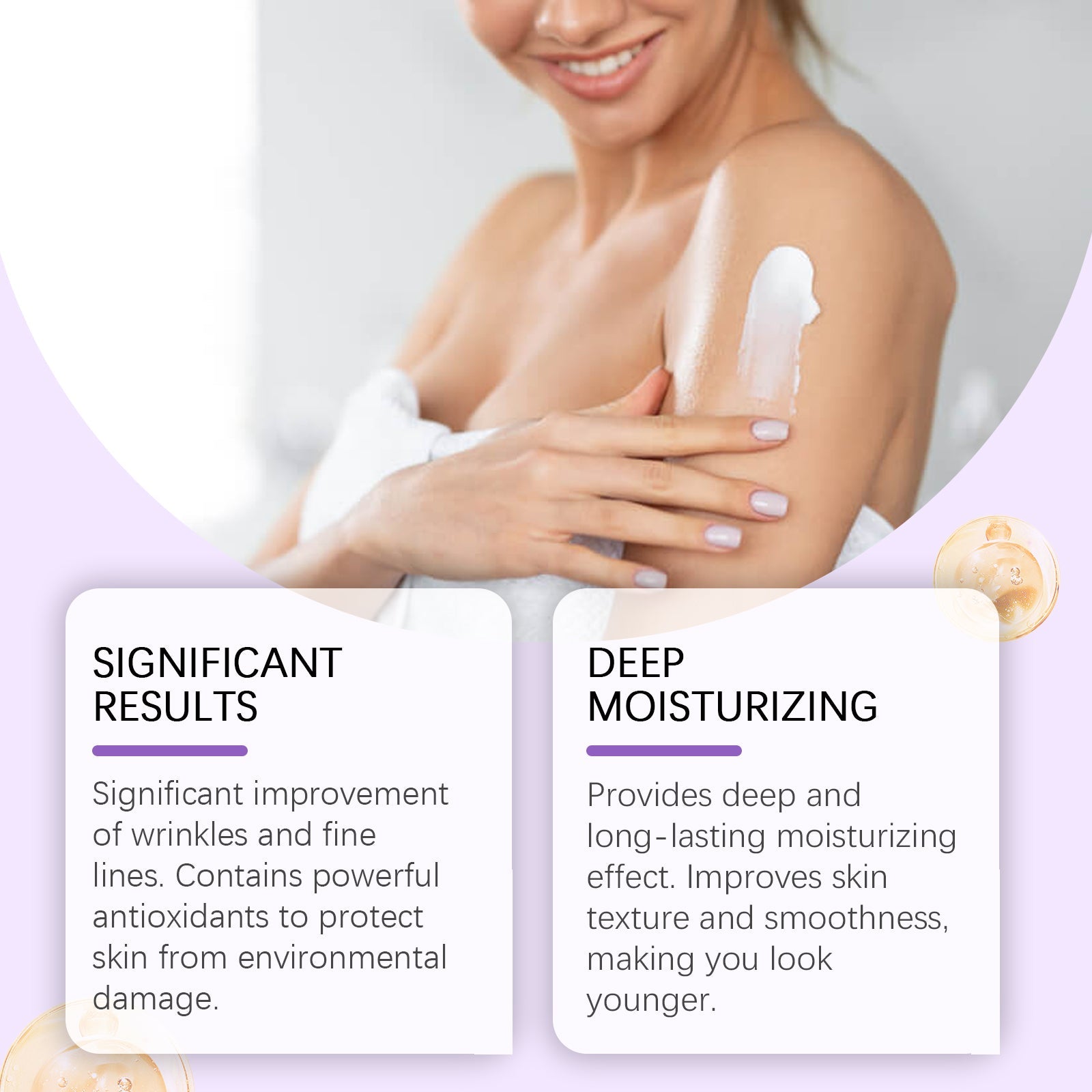 Before/after skin texture comparison showing wrinkle reduction on neck/décolletage area alongside application demonstration
