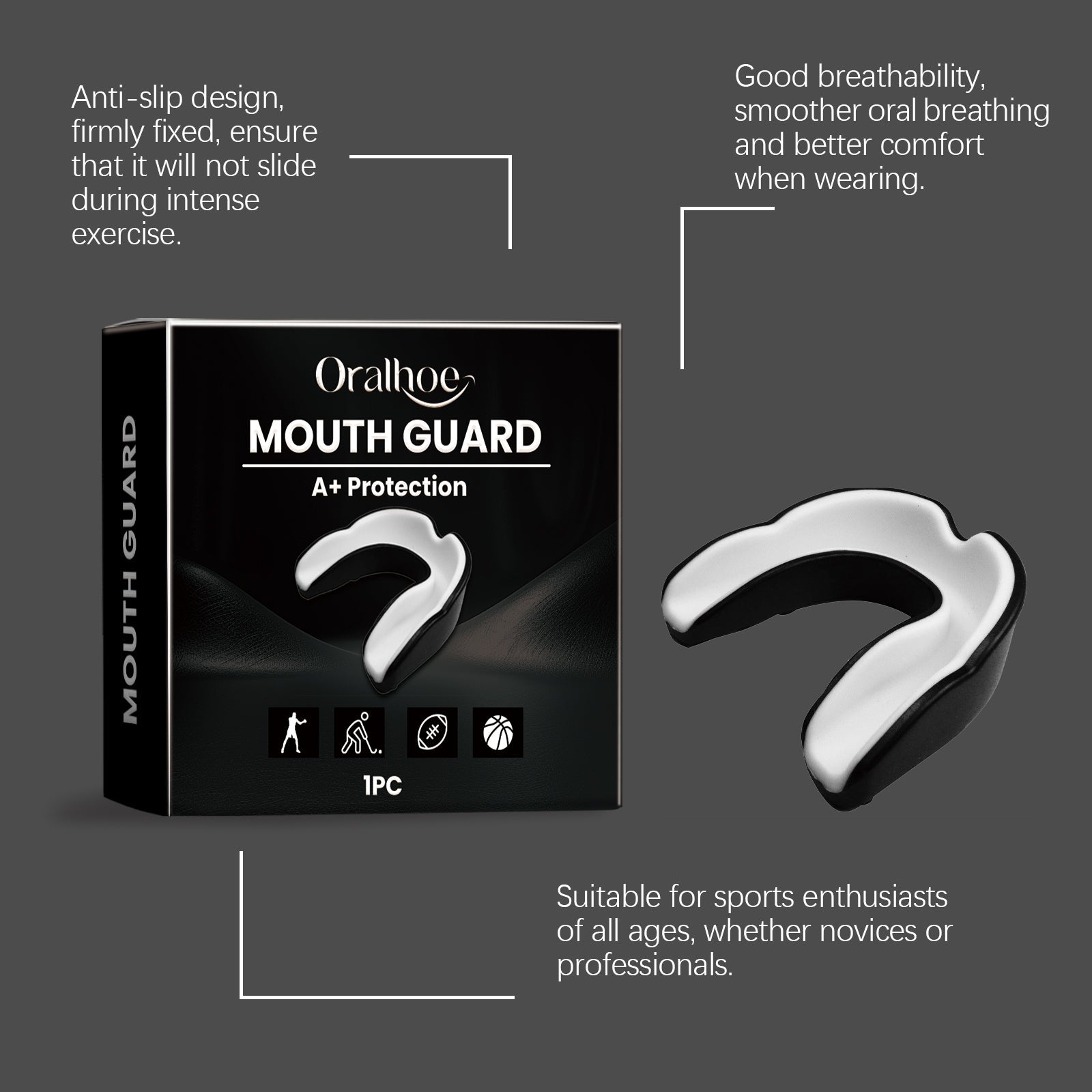Product packaging with gray background and three detailed feature callouts with descriptive text about anti-slip design, breathability, and suitability