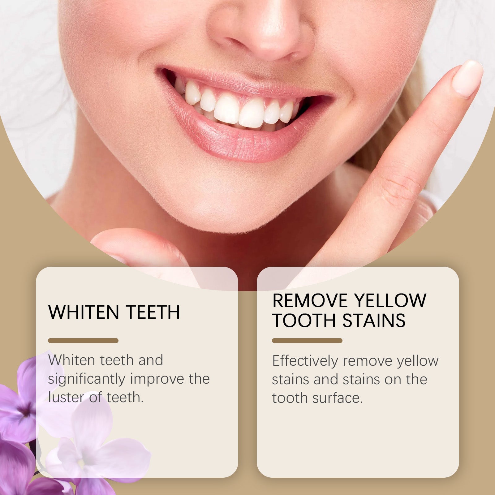 Close-up of woman's mouth showing whitened teeth with two benefit cards overlay: 'Whiten Teeth' and 'Remove Yellow Tooth Stains'