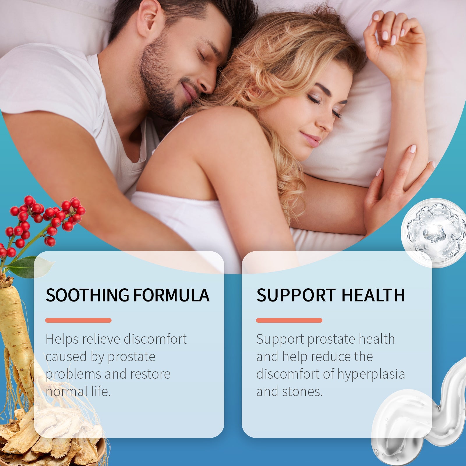 Couple in intimate embrace in bedroom with ingredient and benefit callout cards