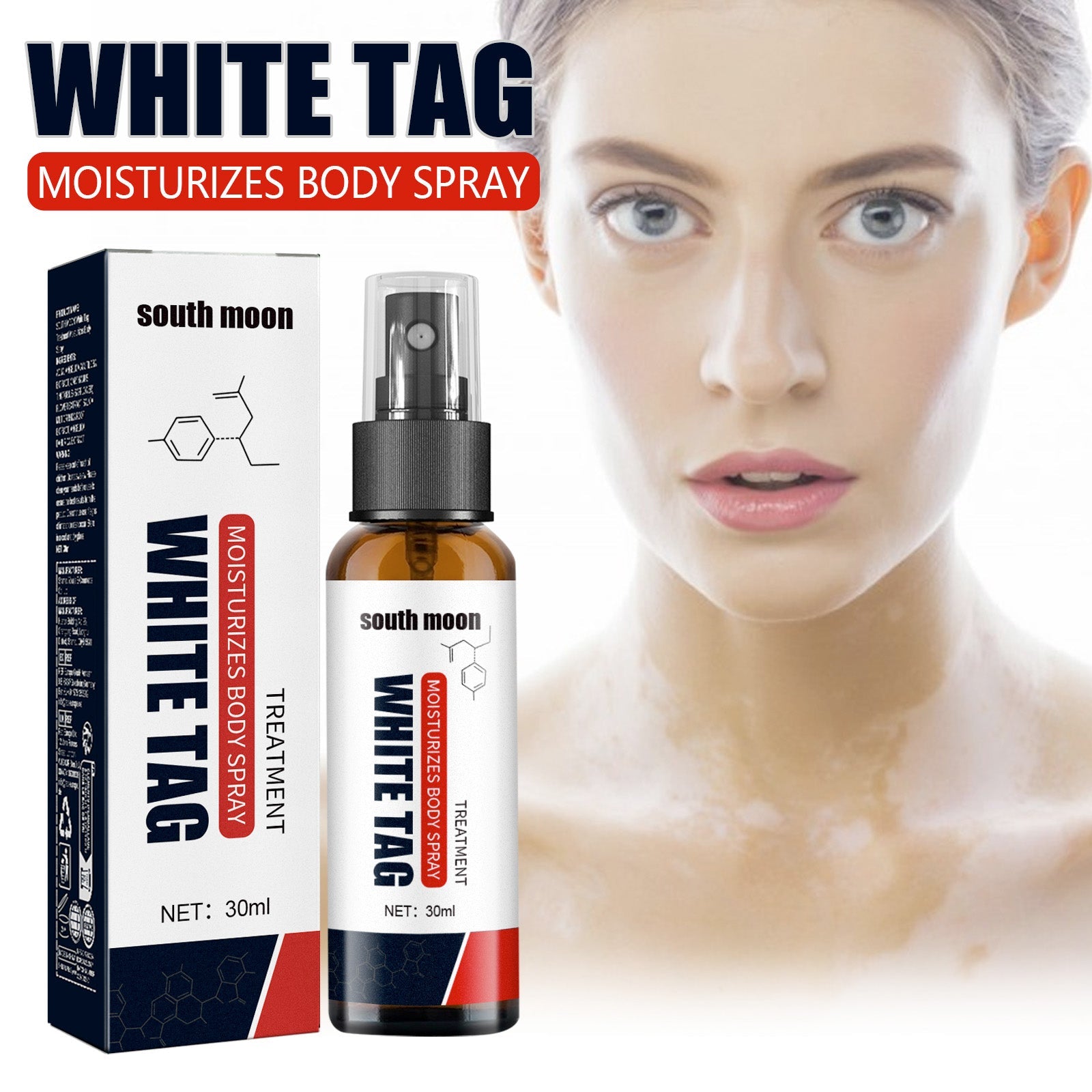 Product packaging and bottle displayed side-by-side showing navy and white branded box with red accent stripe and amber glass spray bottle with black pump