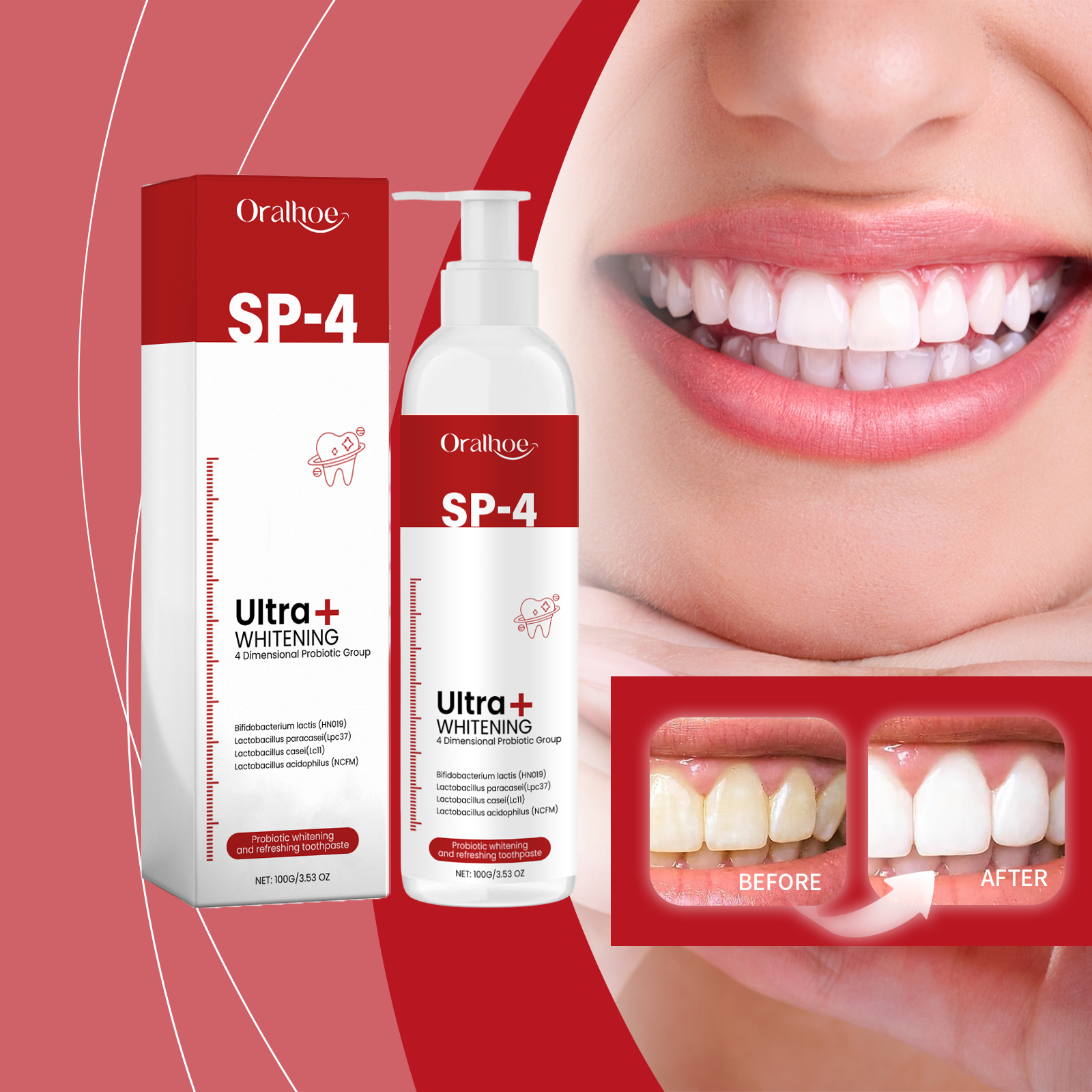 Playful lifestyle shot of open mouth with green mint leaves, showing fresh breath benefit, against soft pink background with benefit cards stating 'Whiten Teeth' and 'Remove Yellow Stains on Teeth'