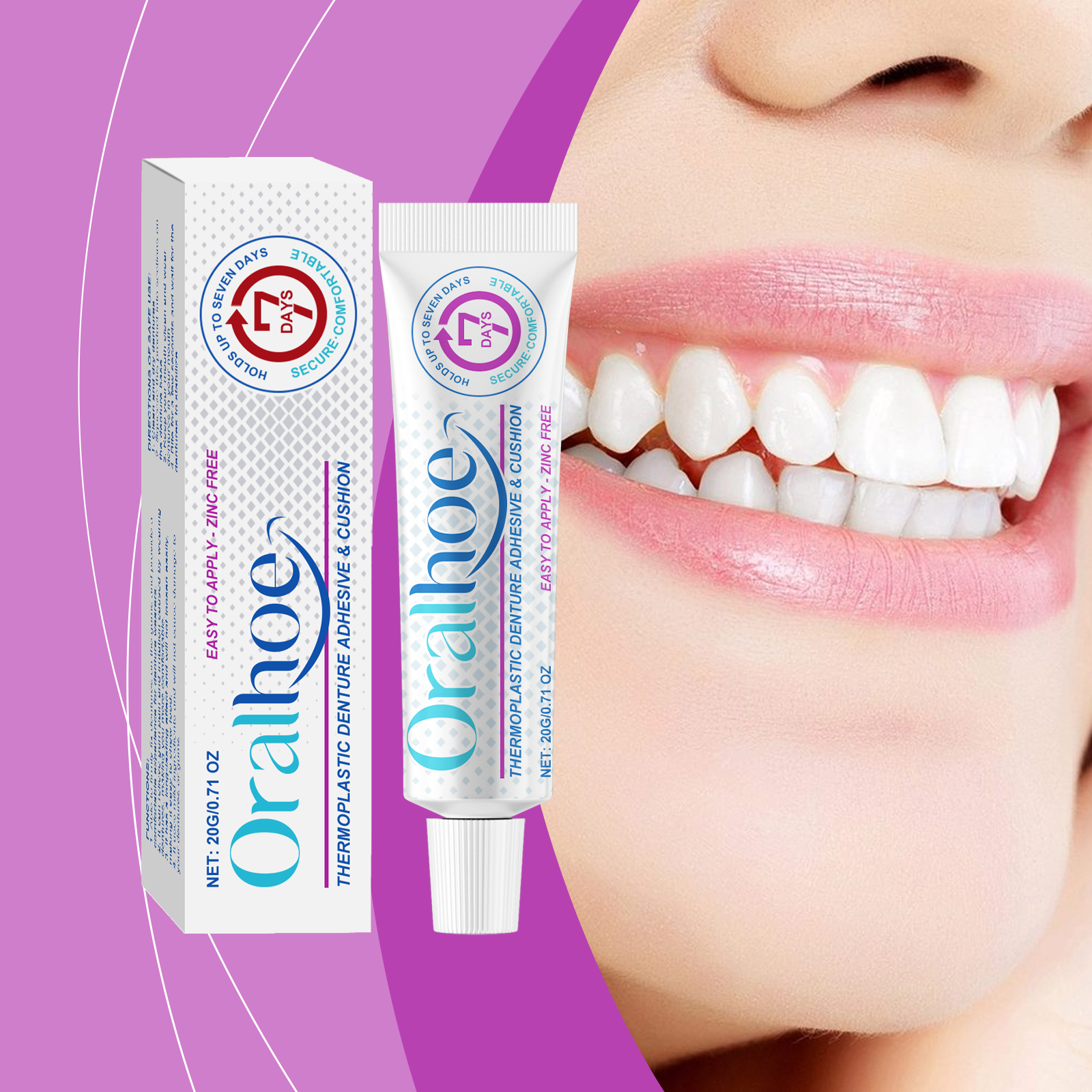 Oralieve denture adhesive box and tube displayed on white background showing product branding, 20g size, and key claims