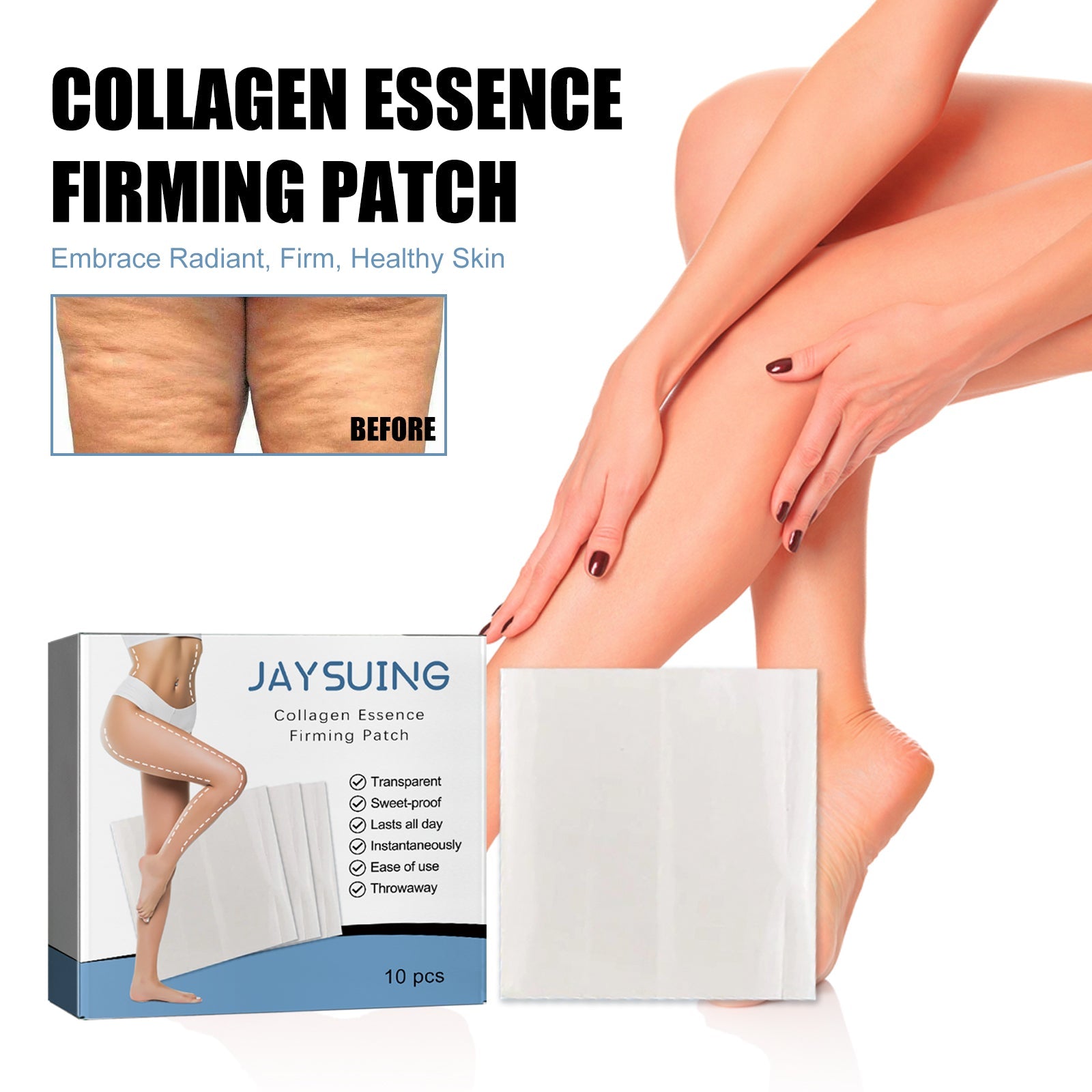 JAYSUING Collagen Essence Firming Patch box with blue and white design, featuring hero image of toned legs and checklist of benefits