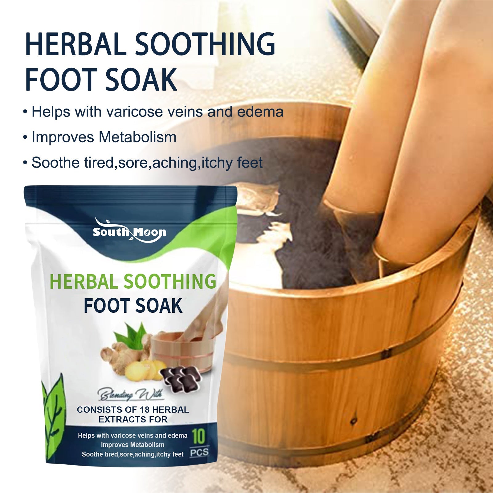 South Moon Herbal Soothing Foot Soak pouch with navy and lime green design, showing 18 herbal extracts claim and 10 packets