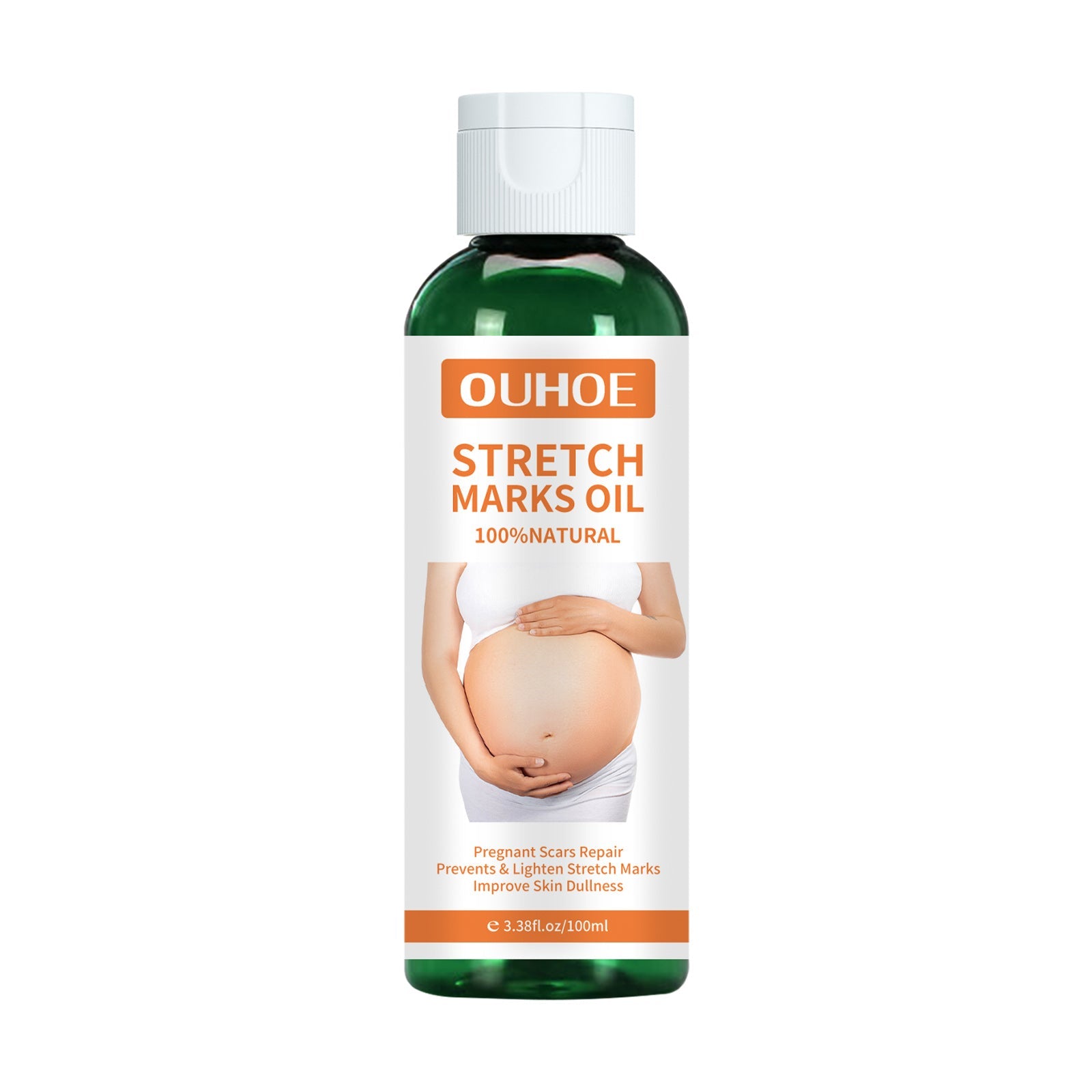 Clean product bottle on white background showing full label with pregnant woman imagery