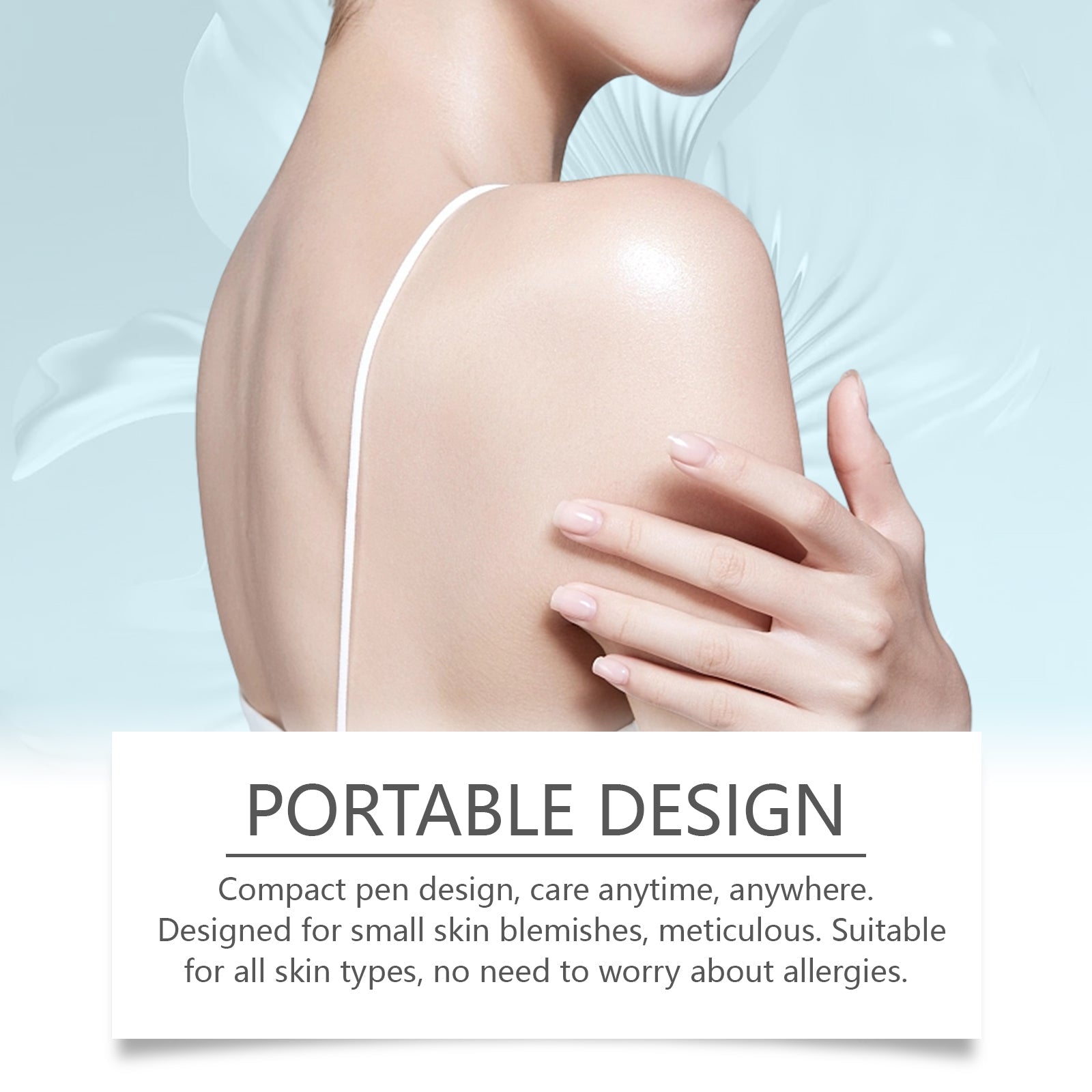 Woman's shoulder and back showing clear, glowing skin with hand touching shoulder area, titled 'Portable Design'