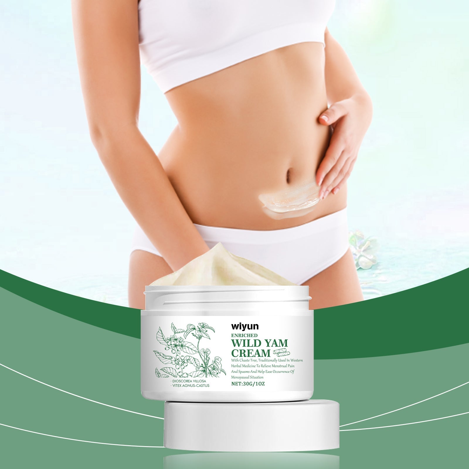 Woman in white crop top applying cream to lower abdomen and waist area against soft gradient green background with flowing design elements
