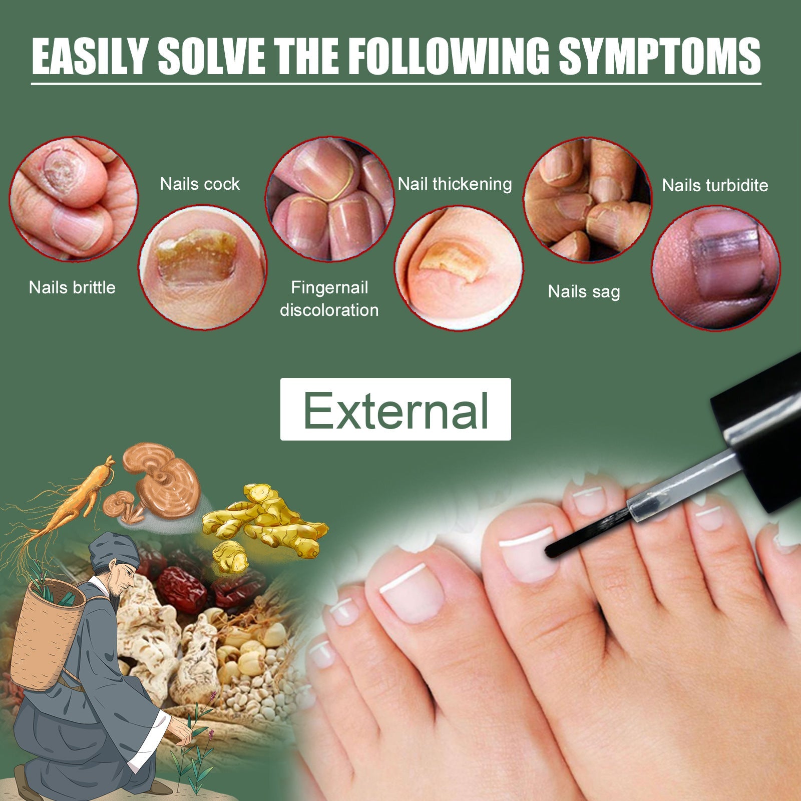 Four progressive photos showing severe nail fungus transformation to healthy clear nails, with red arrows indicating improvement stages