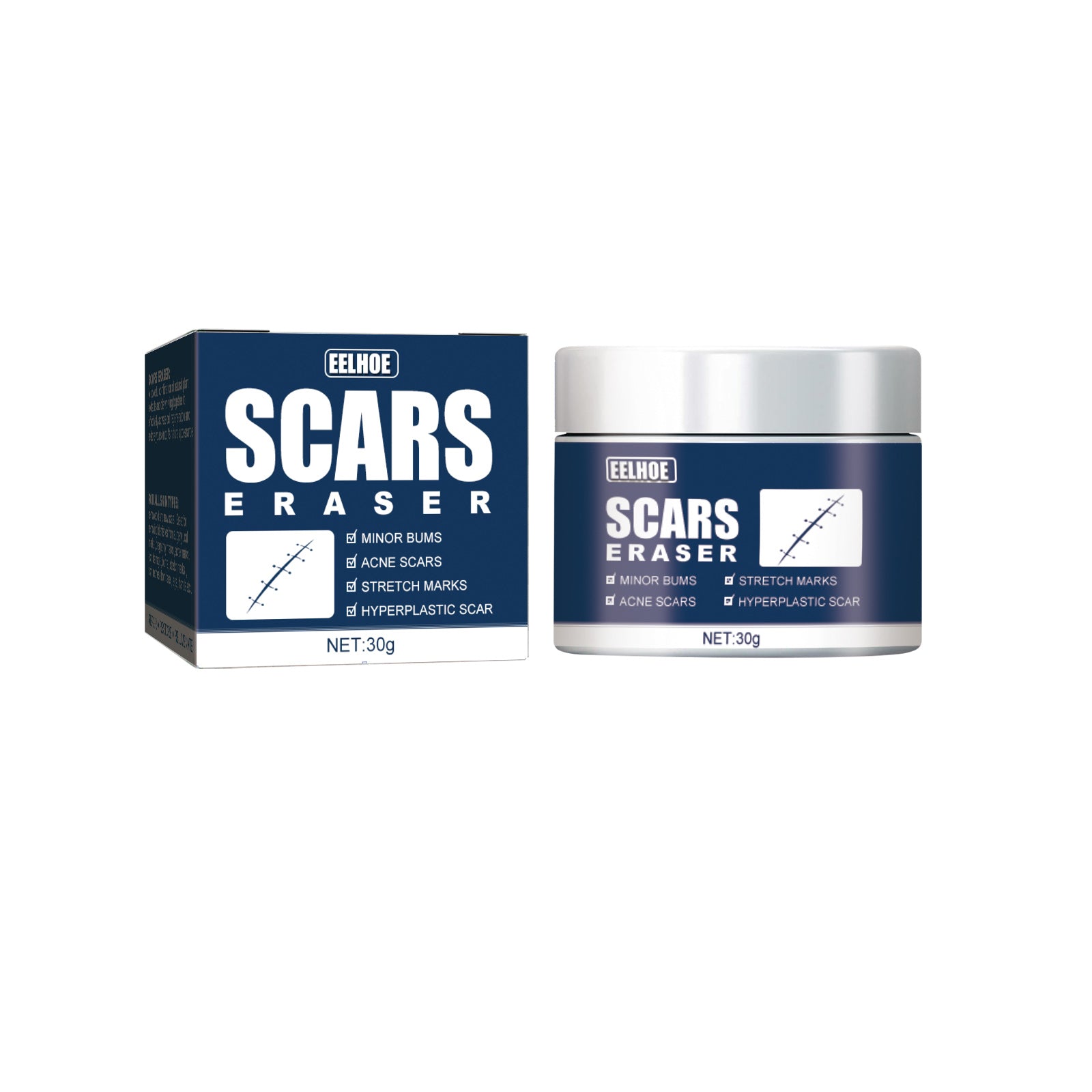 Product packaging display with box and jar on white surface showing EELHOE Scars Eraser branding, 30g net weight, and key benefit claims