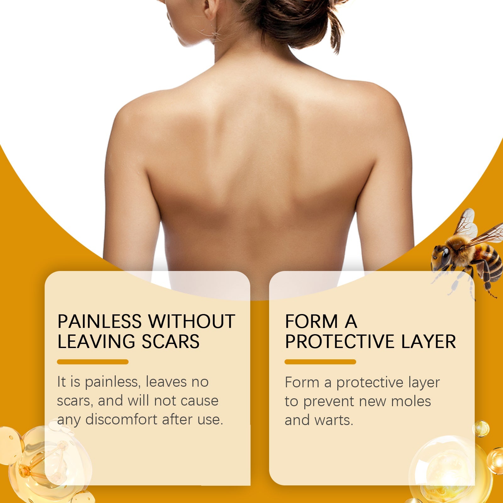 Beautiful woman's face and neck in profile with clear, luminous skin; hand touching neck area; minimalist white background with golden product branding