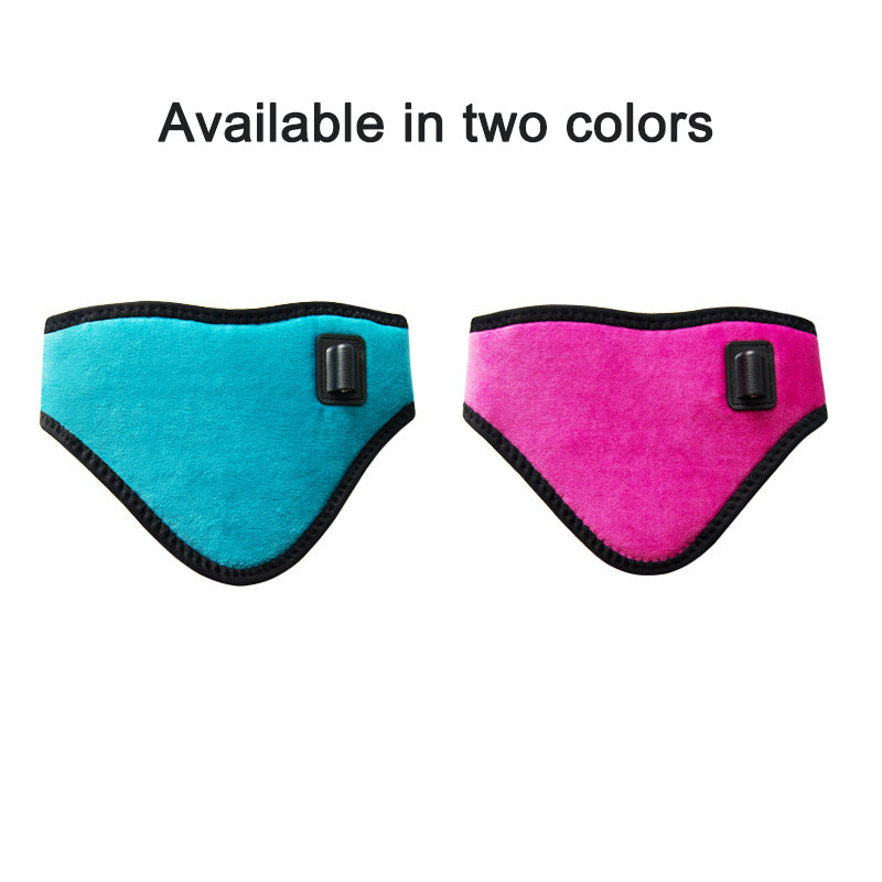 Two color options displayed: turquoise and hot pink heating neck wraps with black trim