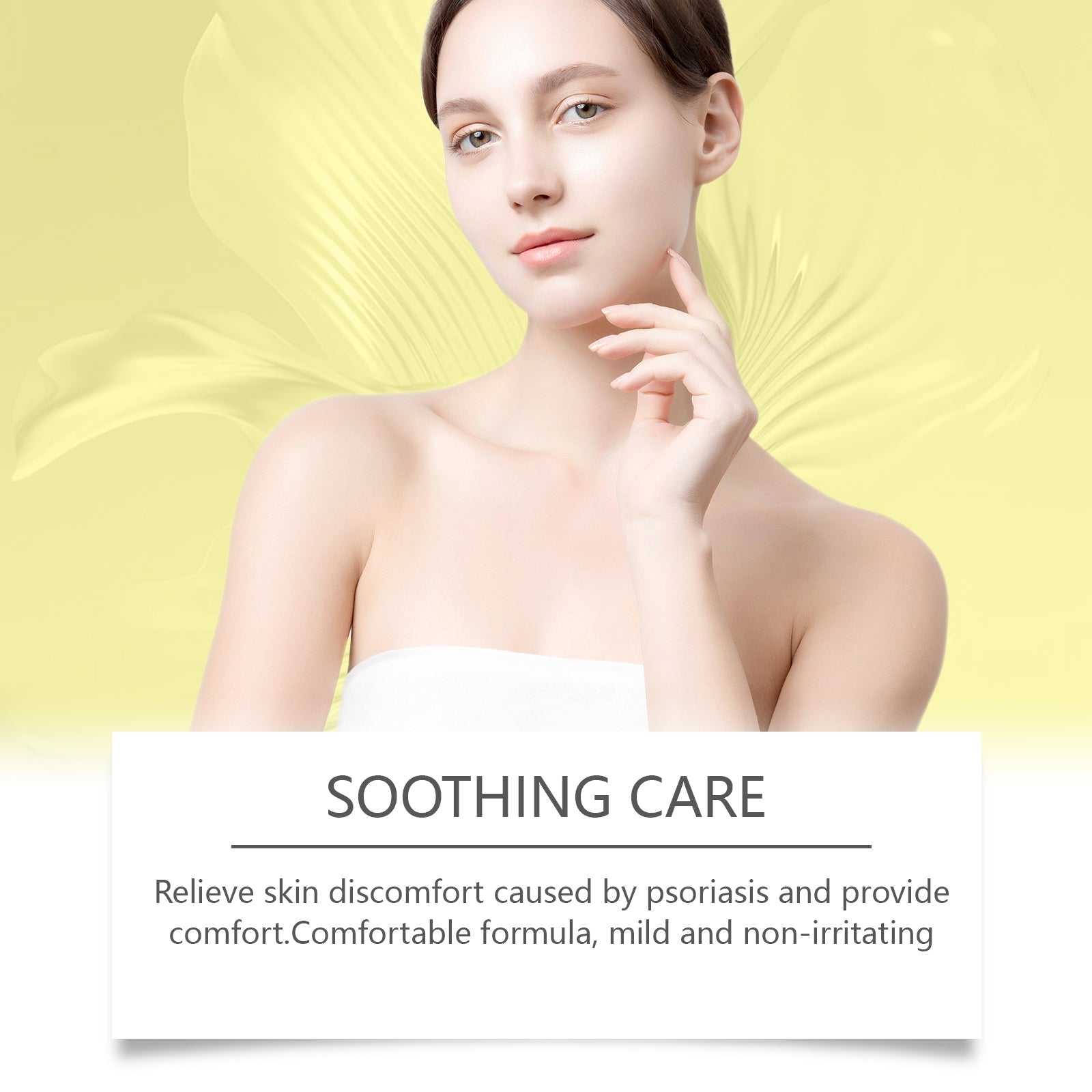 Young woman's face and bare shoulders against soft yellow botanical background with feather elements