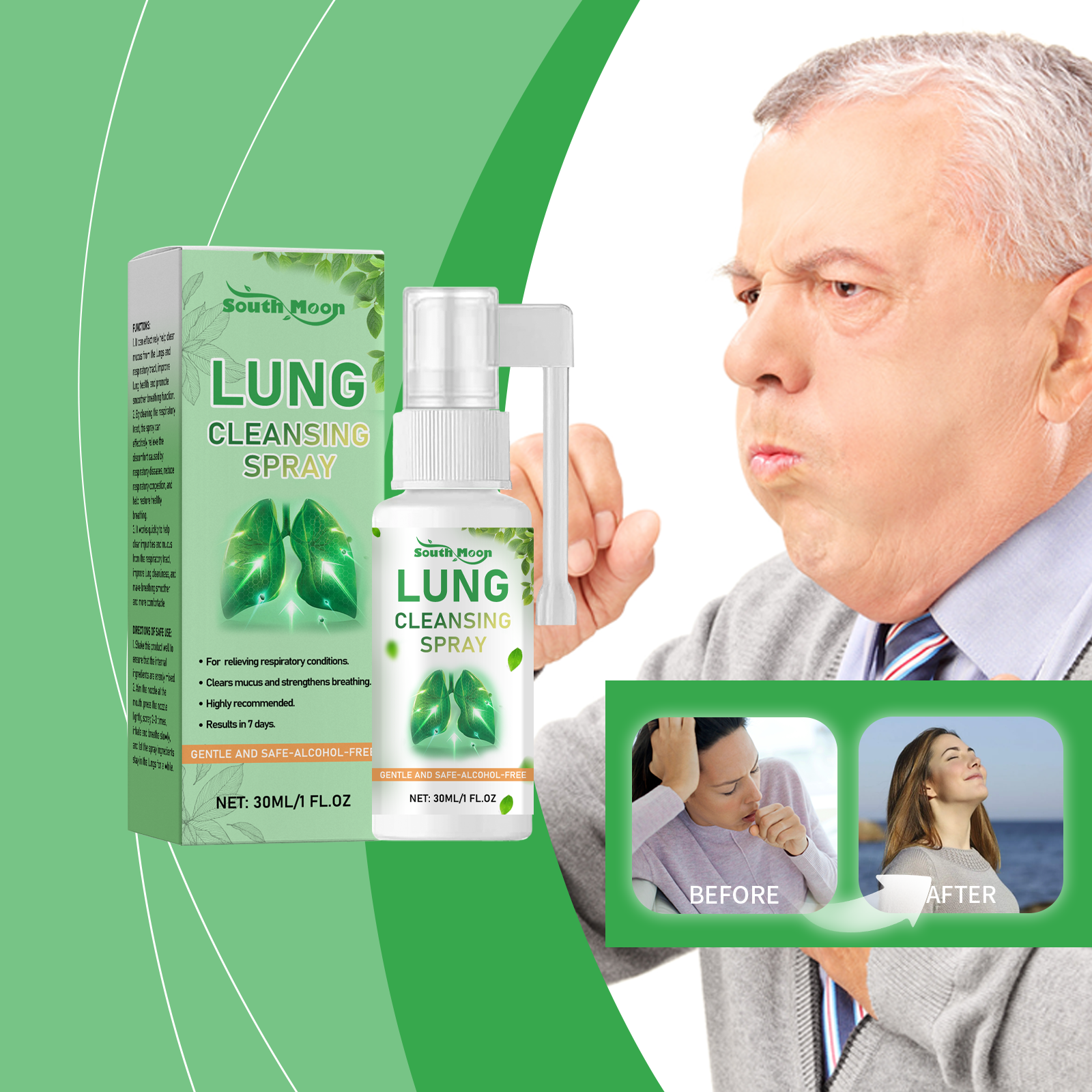 Lifestyle imagery of man and woman breathing freely outdoors with calm expressions, supporting claims cards for mucus clearance and breathing improvement